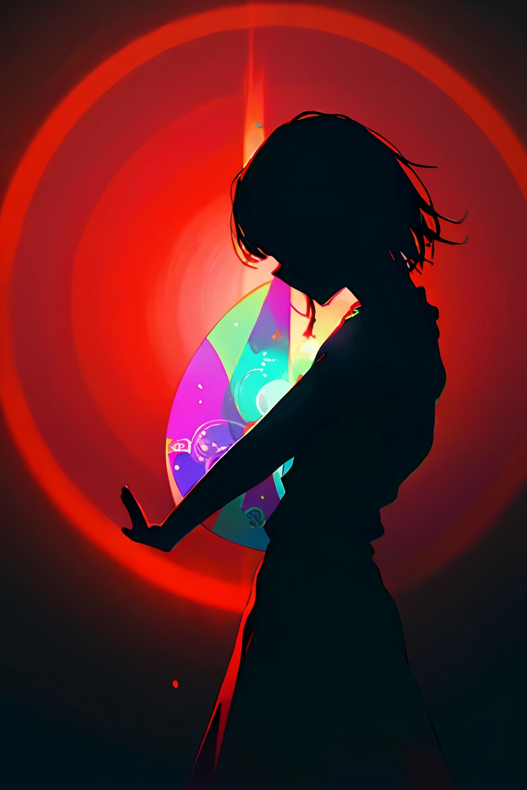 A silhouette in a meditative pose is painted in black, standing out against a bright and colorful background. The chakras are represented as gradient circles, ranging from red at the base to violet at the top, emitting subtle glows. Abstract and organic patterns surround the silhouette, evoking nature and harmony. The painting captures the balance and inner peace of chakras and yoga in a minimalist and evocative artistic composition.