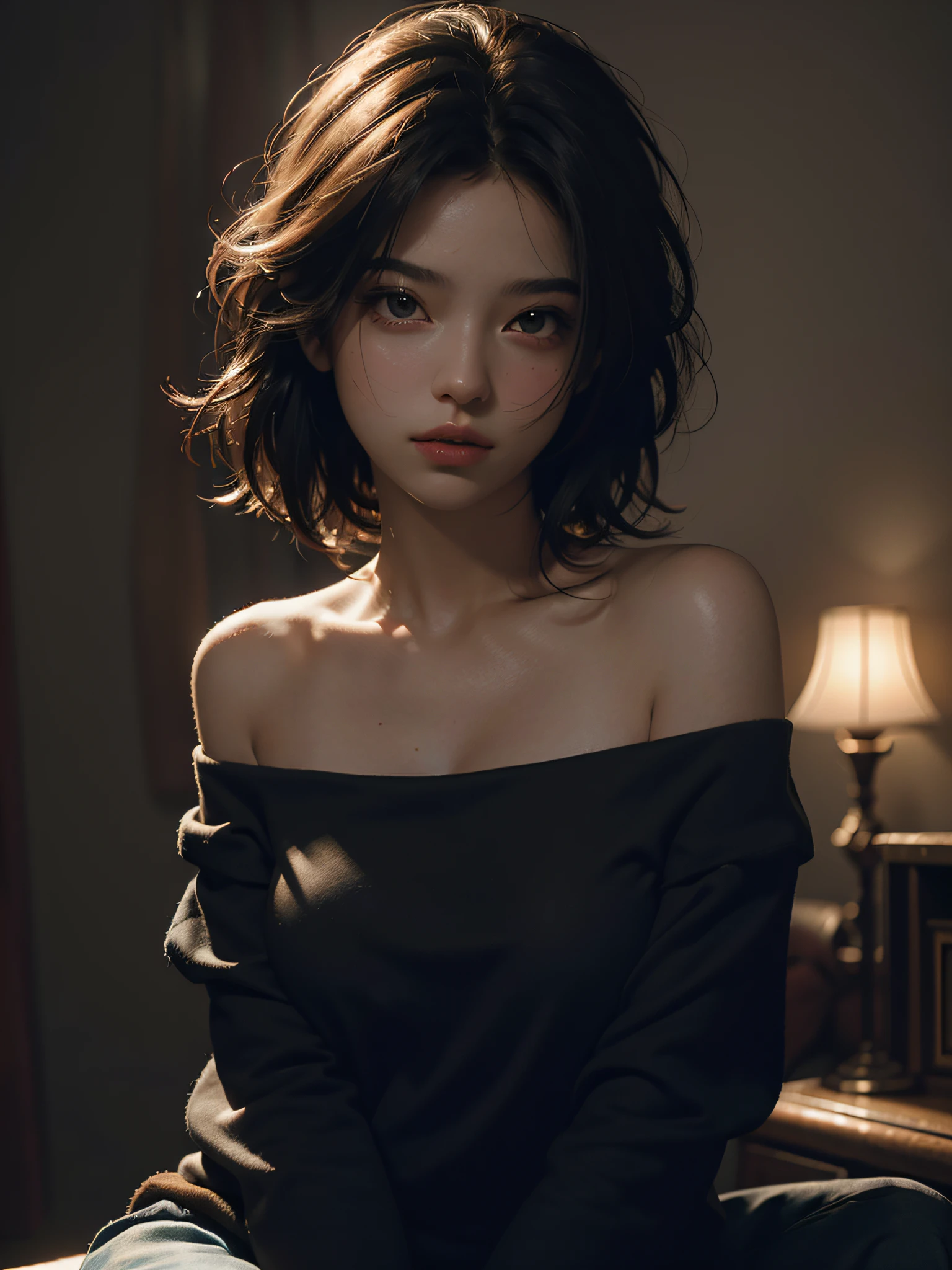 Best quality, masterpiece, ultra high res, (photorealistic:1.4), raw photo, 1girl, off shoulder, cinematic lighting