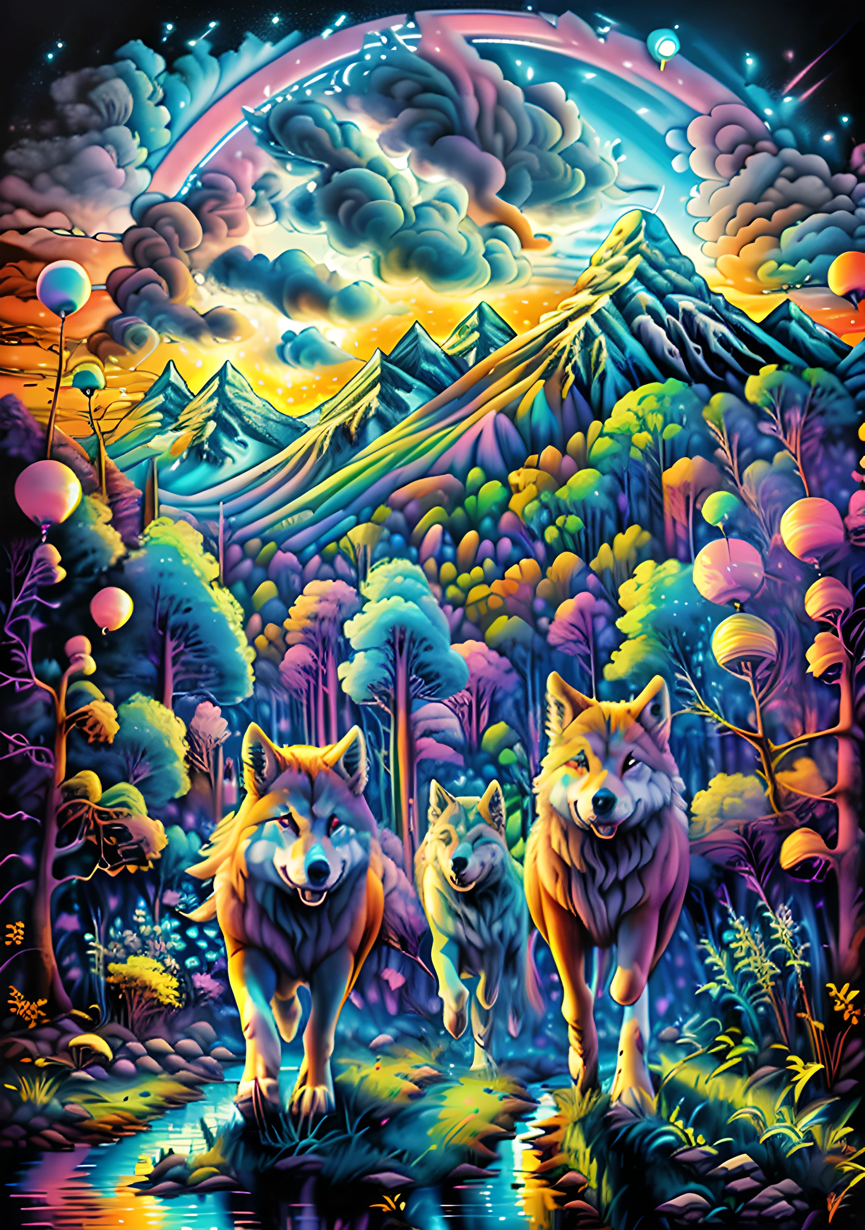 3 wolfes running through the field ,mountains ,rural landscape ,wilderness, bird of prey flying high ,stunning visuals ,multi dimensional ,quilling paper,psychedlic clouds, art, sunset reflects on the lake,2 rainbows above,chibi, yang08k, beautiful, colorful, Masterpieces, top quality, alex grey,psychedelic colours,best quality, official art, beautiful and aesthetic,((8K ultra realistic))