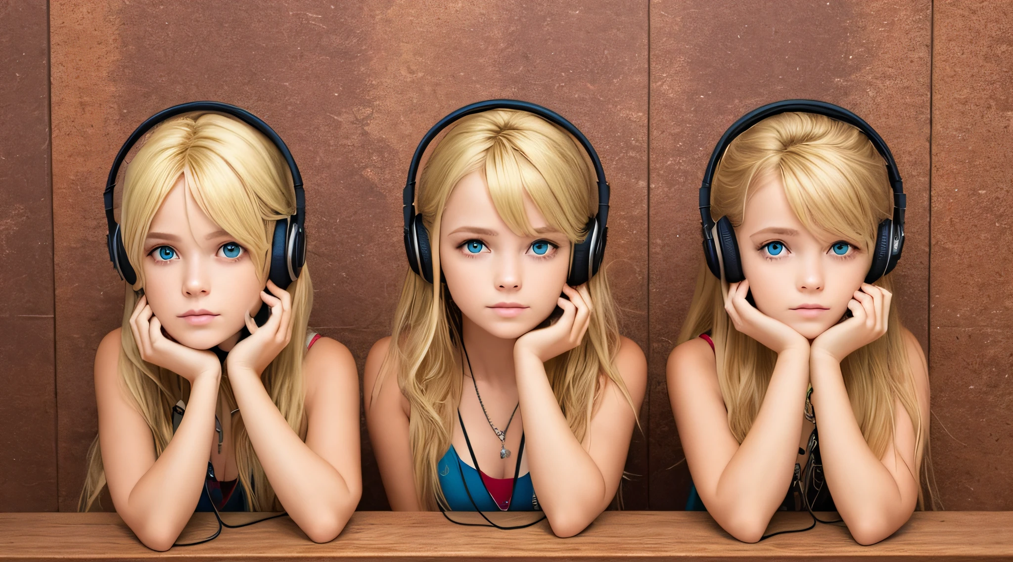 Blond-haired triplets,fones de ouvido, hellchild em segundo plano,
