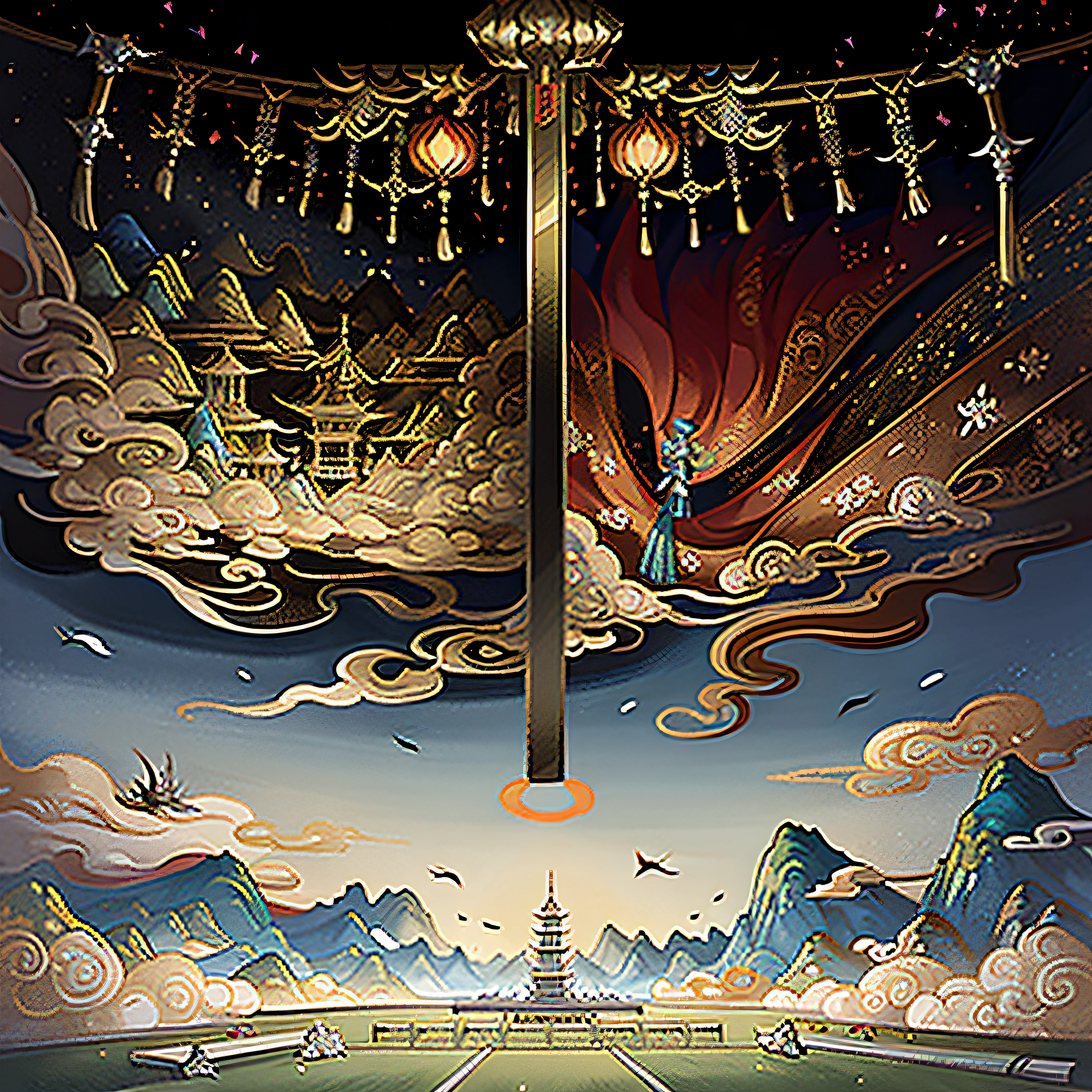(offcial art,tmasterpiece,An ancient Chinese painting,ancient chinese background)hyper HD, super detailing, extremely detailed 8k wallpaper,mountain ranges,rios,Auspicious clouds,Pavilions,rays of sunshine,Epic composition,totem,32k -- v 6