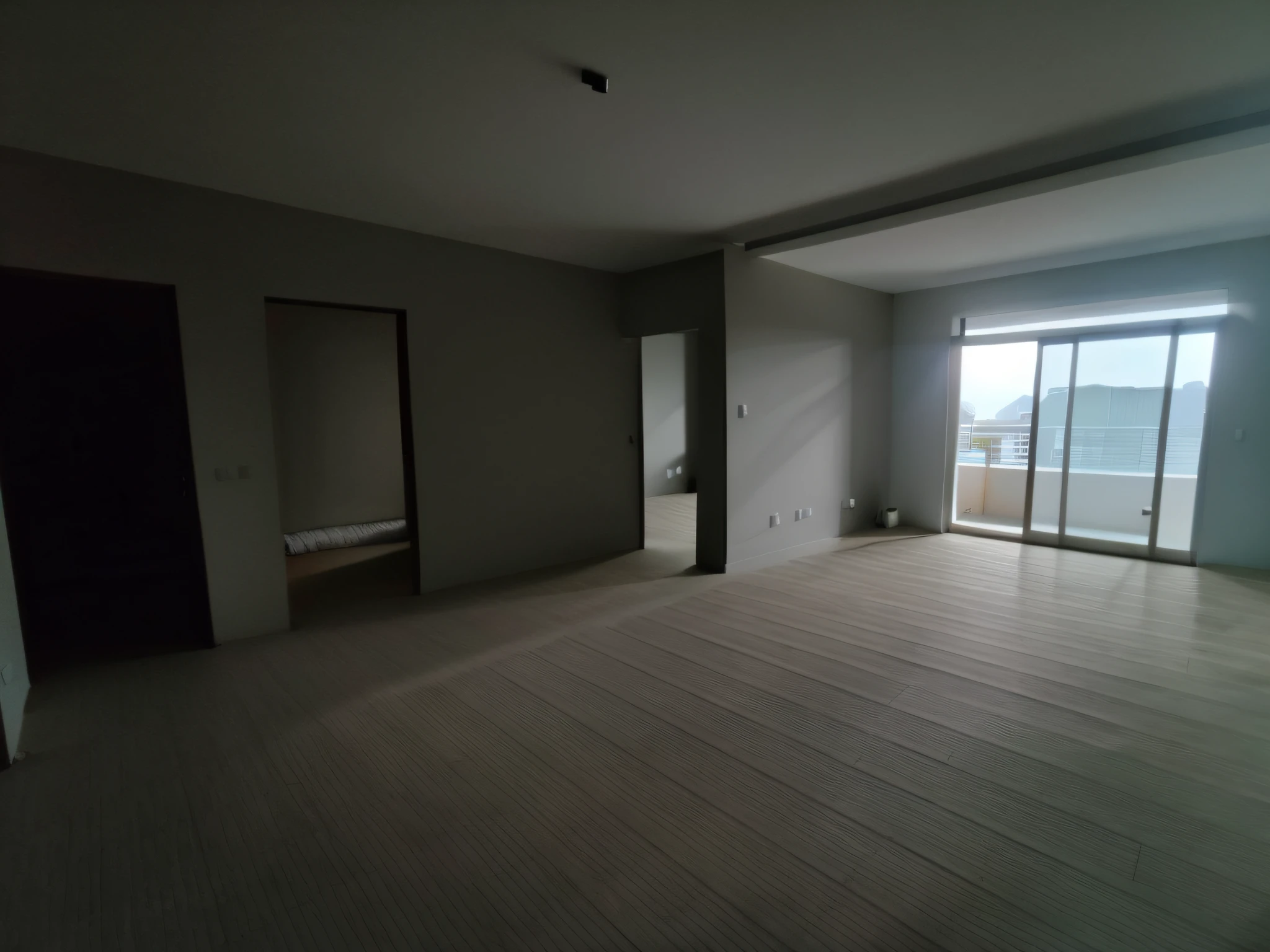 Minimalist decoration rendering wooden floor white wall installation door lighting rendering sunlight outside the window