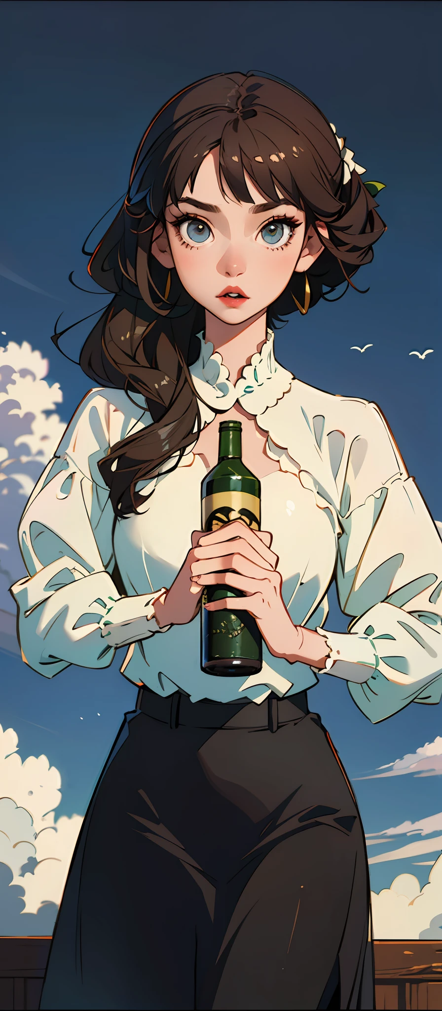 obra-prima, melhor qualidade, arte oficial, papel de parede 8k, altamente detalhado, illustration, 1 garota, roupa preta, cabelo longo preto, olhos verdes detalhados, navio, corada, timida, boca fechada, segurando uma garrafa de vinho, (atmosfera medieval), roupa preta decotada, decote (olhar sedutor), olhos esverdeados, seios grandes