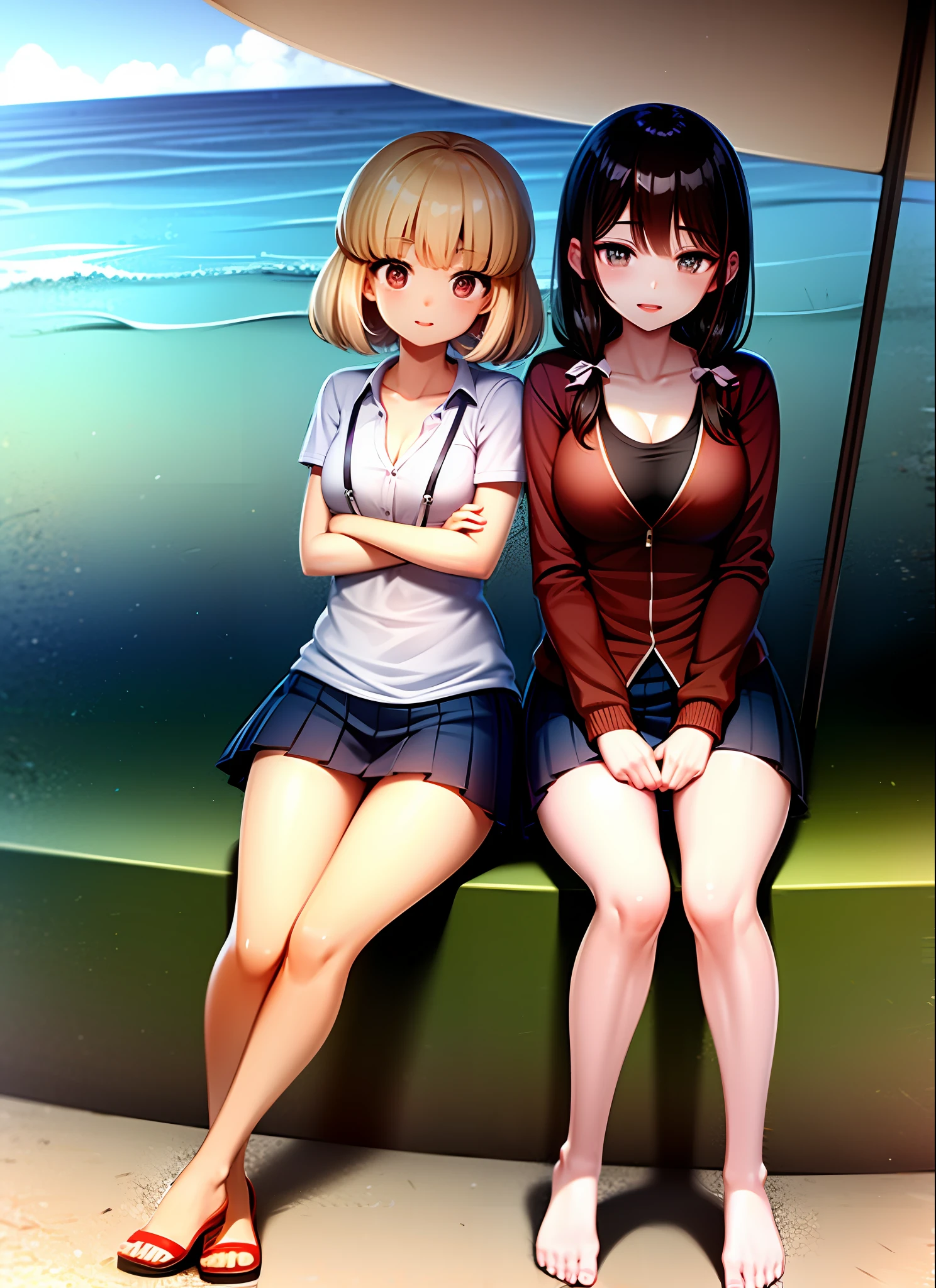schoolgirls,pupils,sandbeach,比基尼,Bigchest,Overlooking,whaite hair,beach umbrella,Sunscreen
