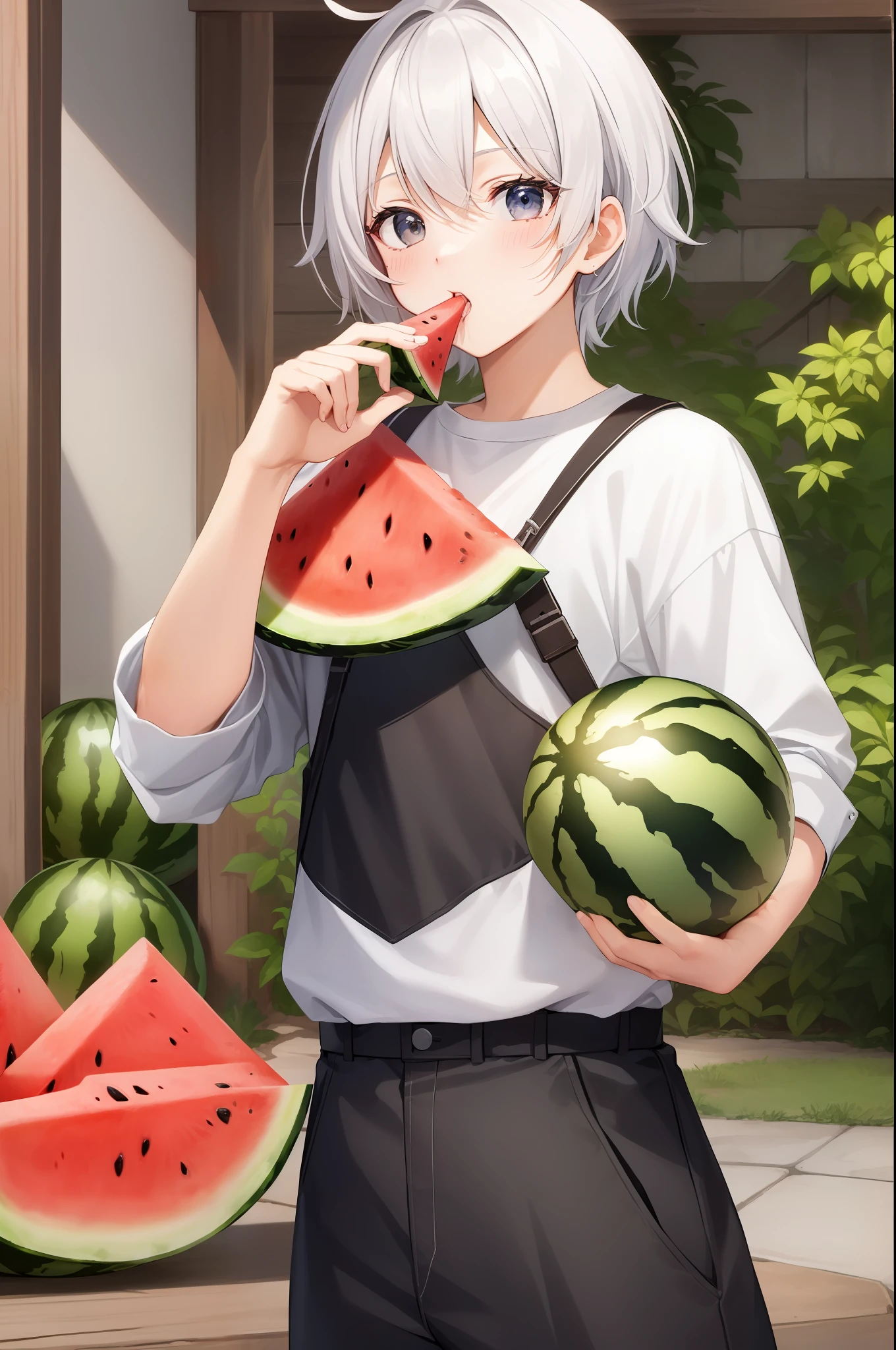 Moe baby,Eating watermelon,Watermelon seeds,cartoony,male people,White hair