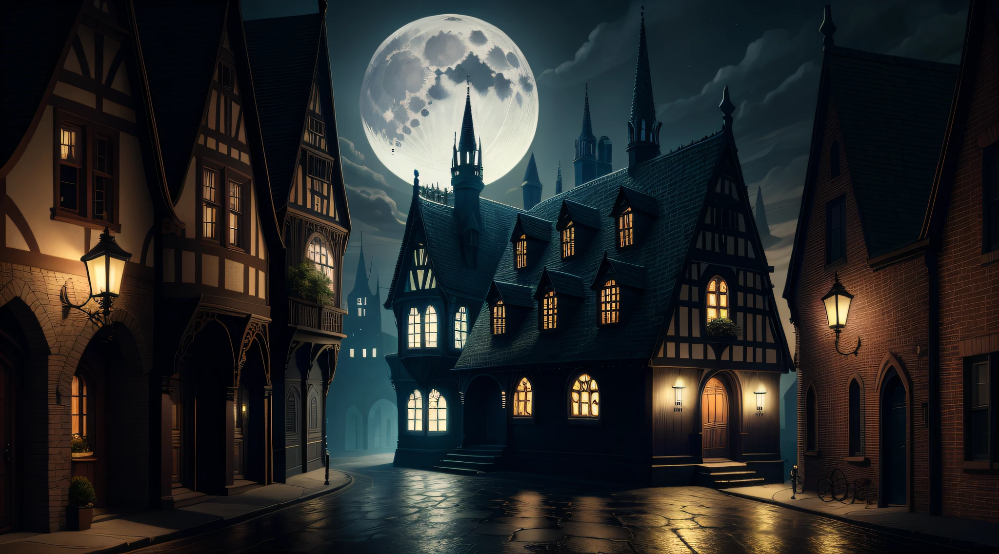 dark street, gothic houses, moon, detailed, high quality, masterpiece