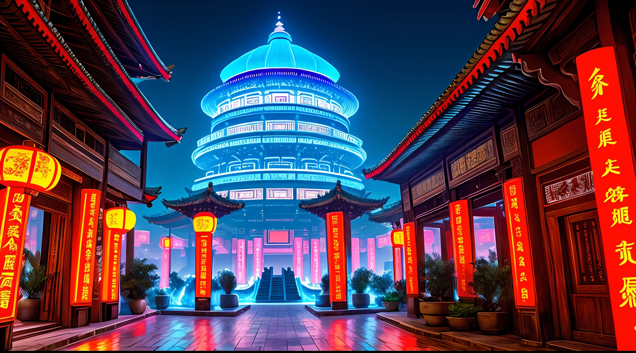 Chinese ancient architecture,cyber punk perssonage,Science fiction scene,neon lights,tholos,Overlooking --auto