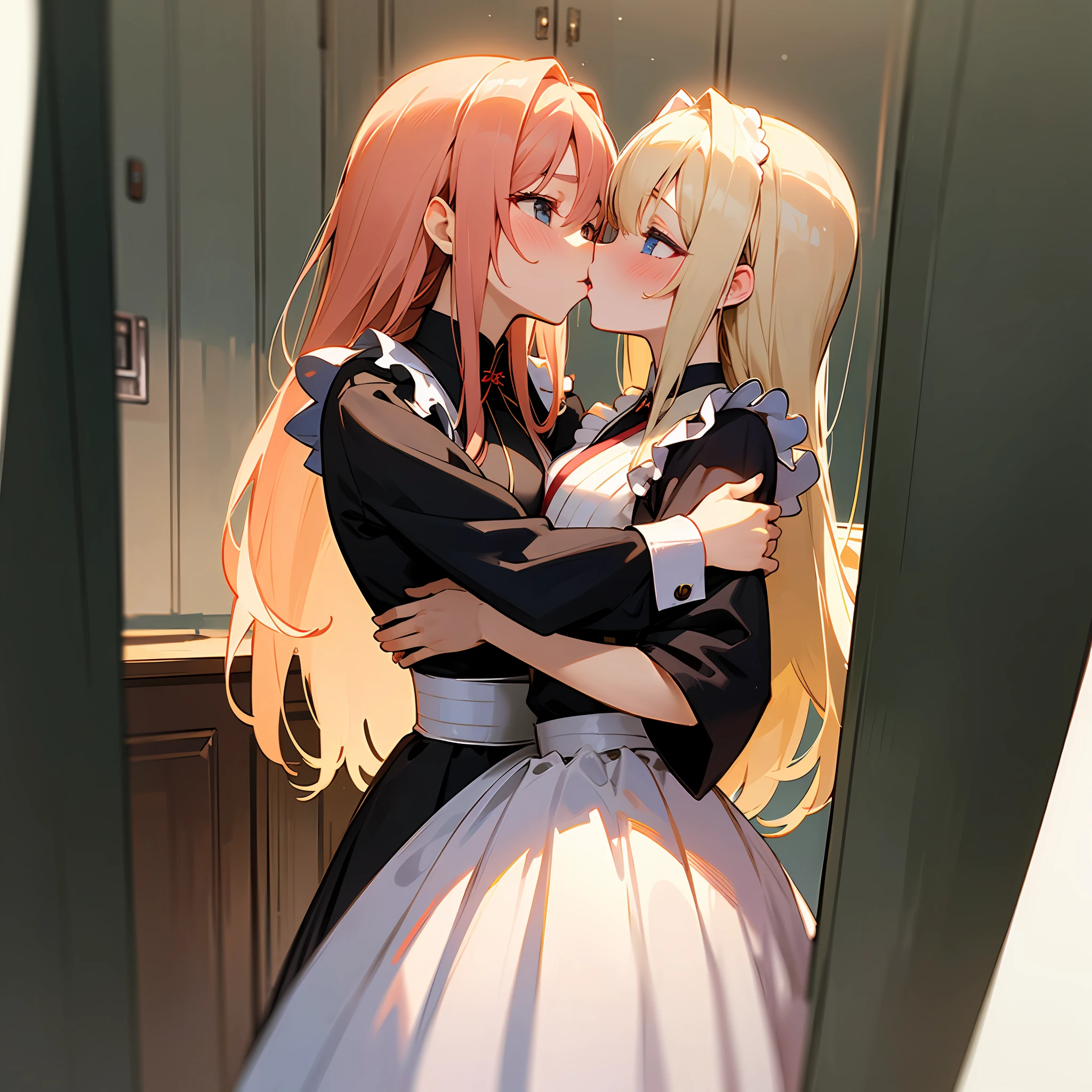 master piece,hyper quality, Hyper Detailed,Perfect drawing,Hi-Res、2People Japan Idol、Gothic lolita、maid clothes、Lovers、Look at each other from the front、((kiss))、(((French kiss)))、Hug each other's chests as if pressing、stare at each other、Moist eyes、Half-open lips、Beautiful、red blush(0.2)、Functional、seductiv、Trance、demagoguery、Beauty、bustup、Shunguang、、Shot diagonally down from the front、precise drawing、Detailed drawing、Precise human body structure、Locker Room、beatiful backgrounds、