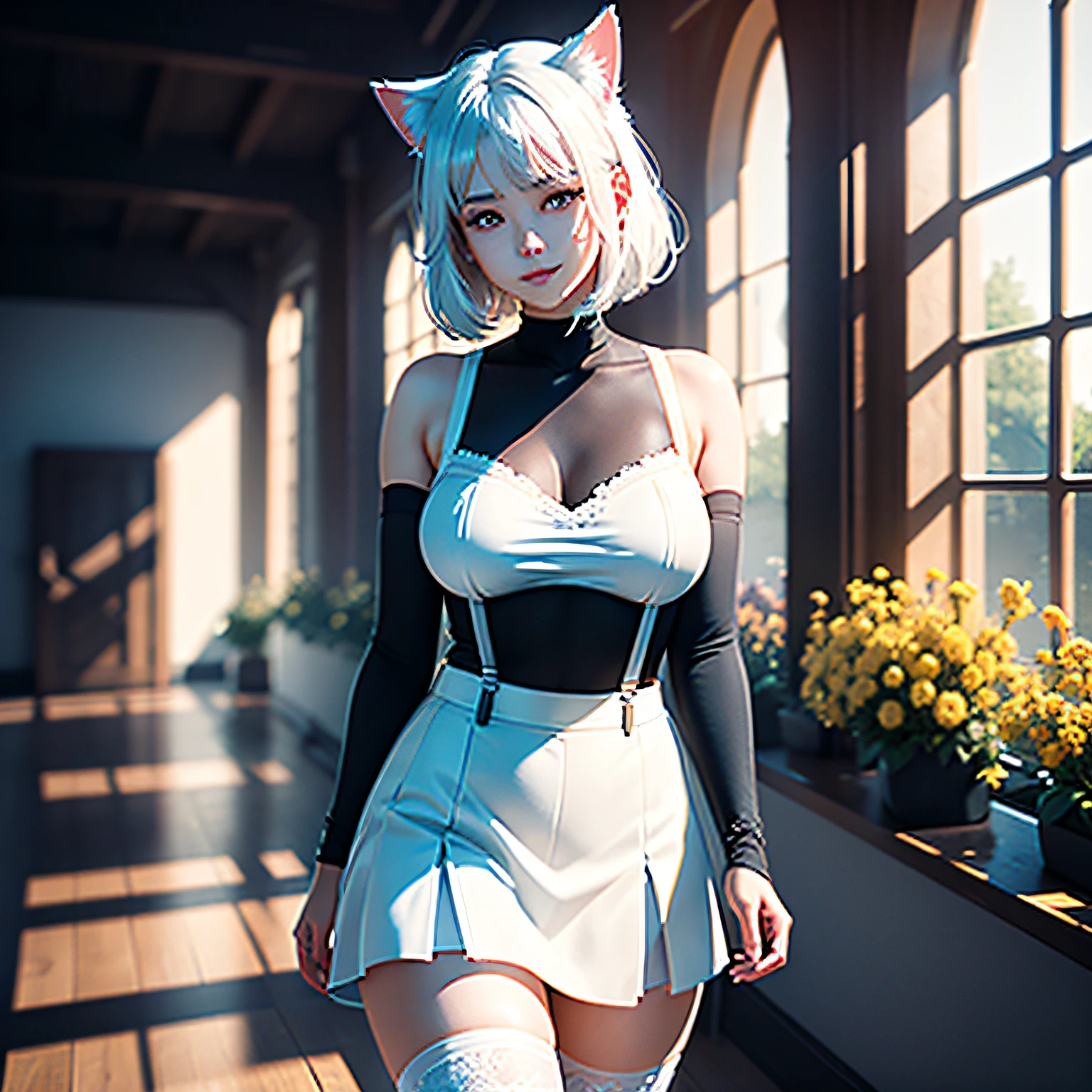 1girll, White suspenders, cropped shoulders, blooming flower field, Glowing skin, Light smile, black lence stockings, pleatedskirt, fully body photo, Body type is sexy, white hair, shiny hair, halo, cat ears, blush, three sided view, panorama, f/2.8, f/2.8, f/1.2, ray tracing, UHD, retina, masterpiece, ccurate, textured skin, high details, highres, best quality