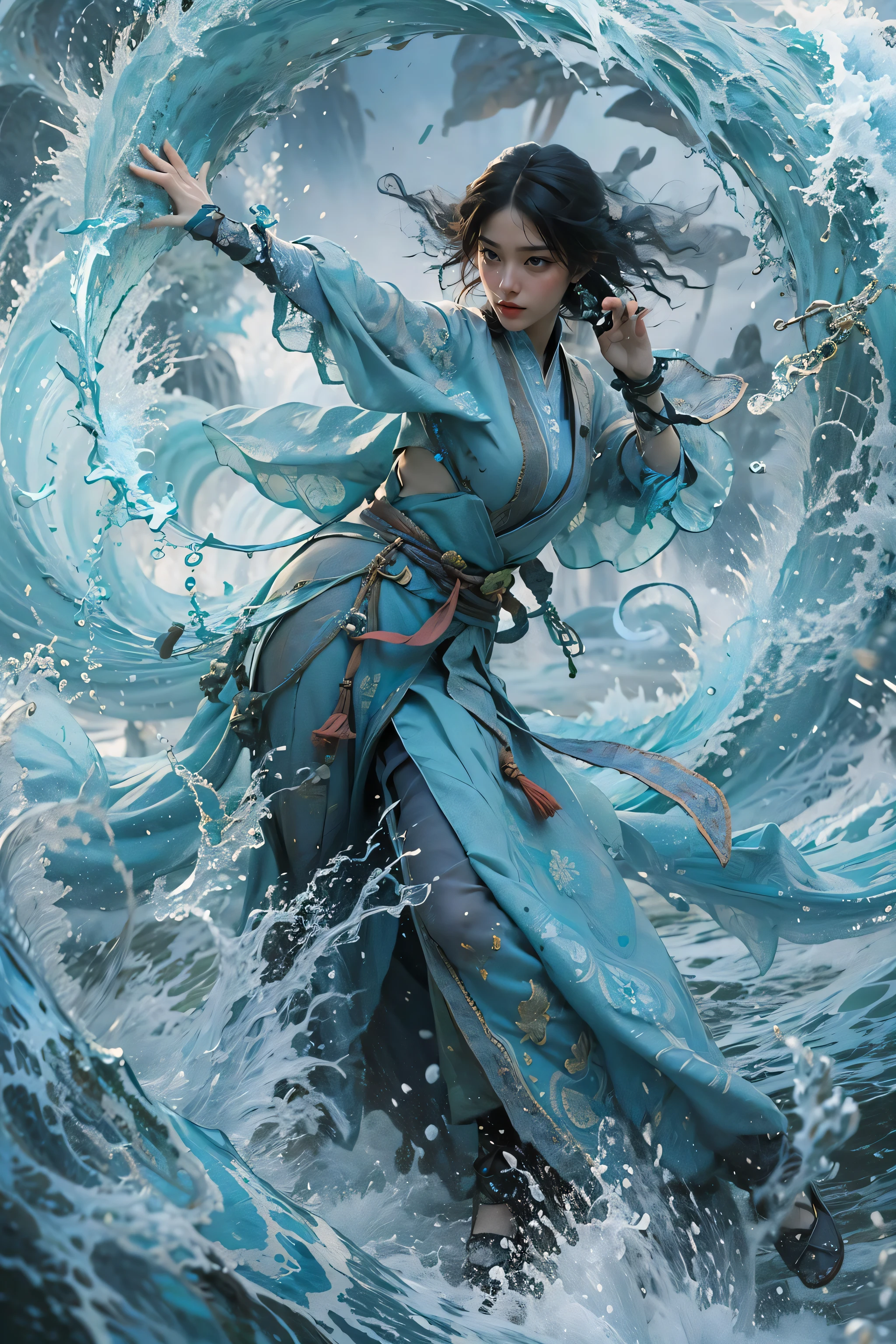 Best quality,masterpiece,ultra high res,,yushuishu,1girl,solo,black hair,water,waves,lips,full body,