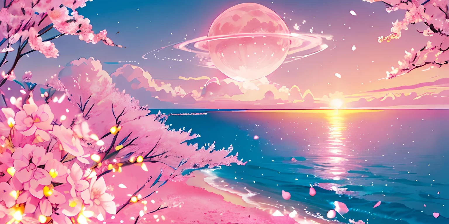 Pink moon, pink sky, soft pink clouds, pink ocean waves sparkling, sparkling, pink roses on pink ocean, fantasy, diamond, crown, universe, soft lights,