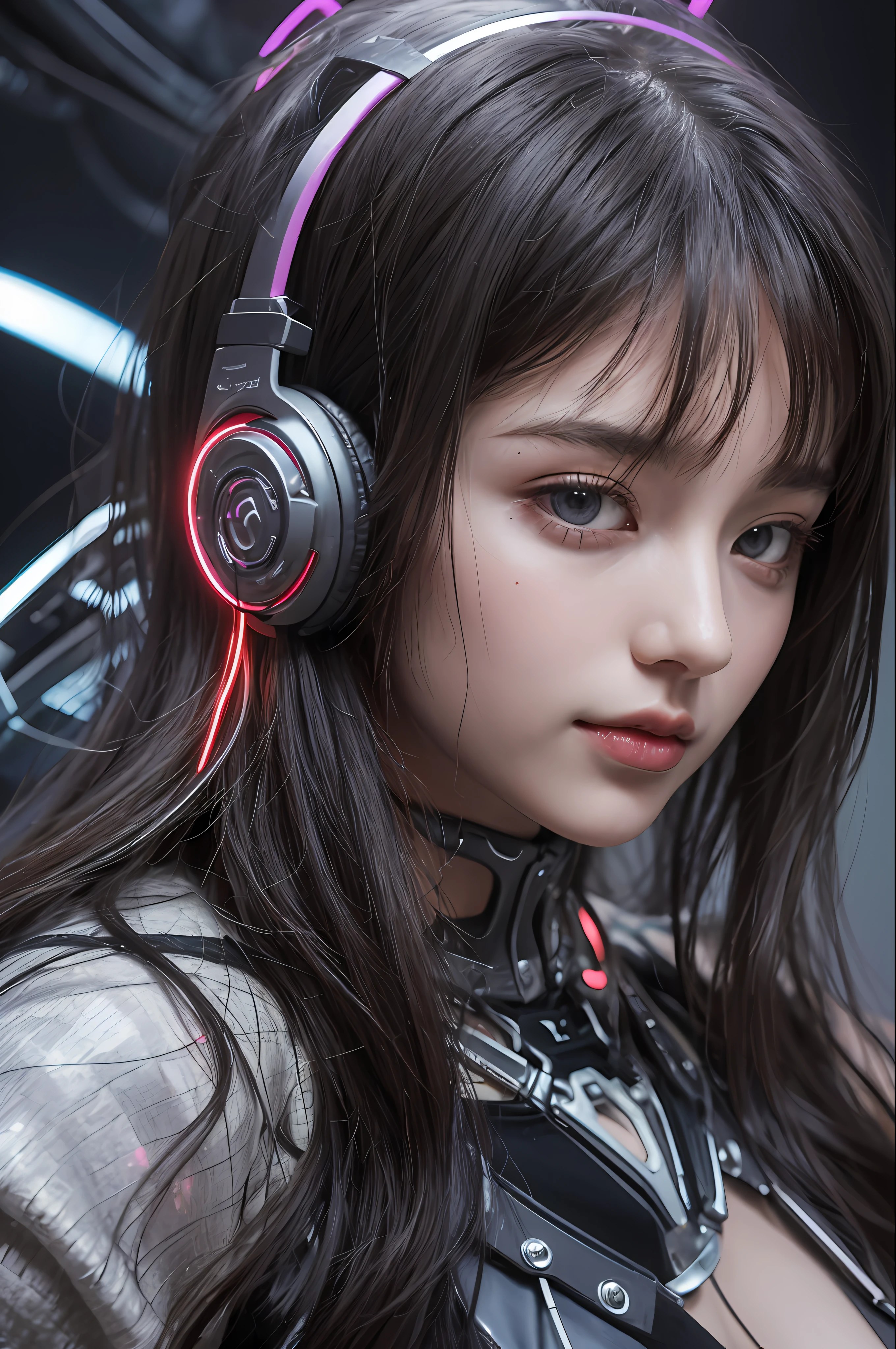 top-quality、masterpiece、超A high resolution、(Photorealsitic:1.4)、Raw photo、女の子1人、Black hair、glowy skin、1 Mechanical Girl、((super realistic details))、Portrait、Global Illumination、Shadow、Octane Render、8K、ultrasharp、Colossal tits、Raw skin is exposed in cleavage、Metal、Details of complex ornaments、headset on head、Hydraulic cylinder、Gothloli details、Realistic light、CGSoation Trends、Purple eyes、Glowing eyes、Facing the camera、neon details、Mechanical limbs、blood vessels connected to tubes、Mechanical vertebrae attached to the back、mechanical cervical attaching to neck、Wires and cables connecting to the head、evangerion、Cyberpunk、Small LED lamp、processor、Luminous tube、perfectly proportions、The background is the cockpit of a futuristic spaceship、