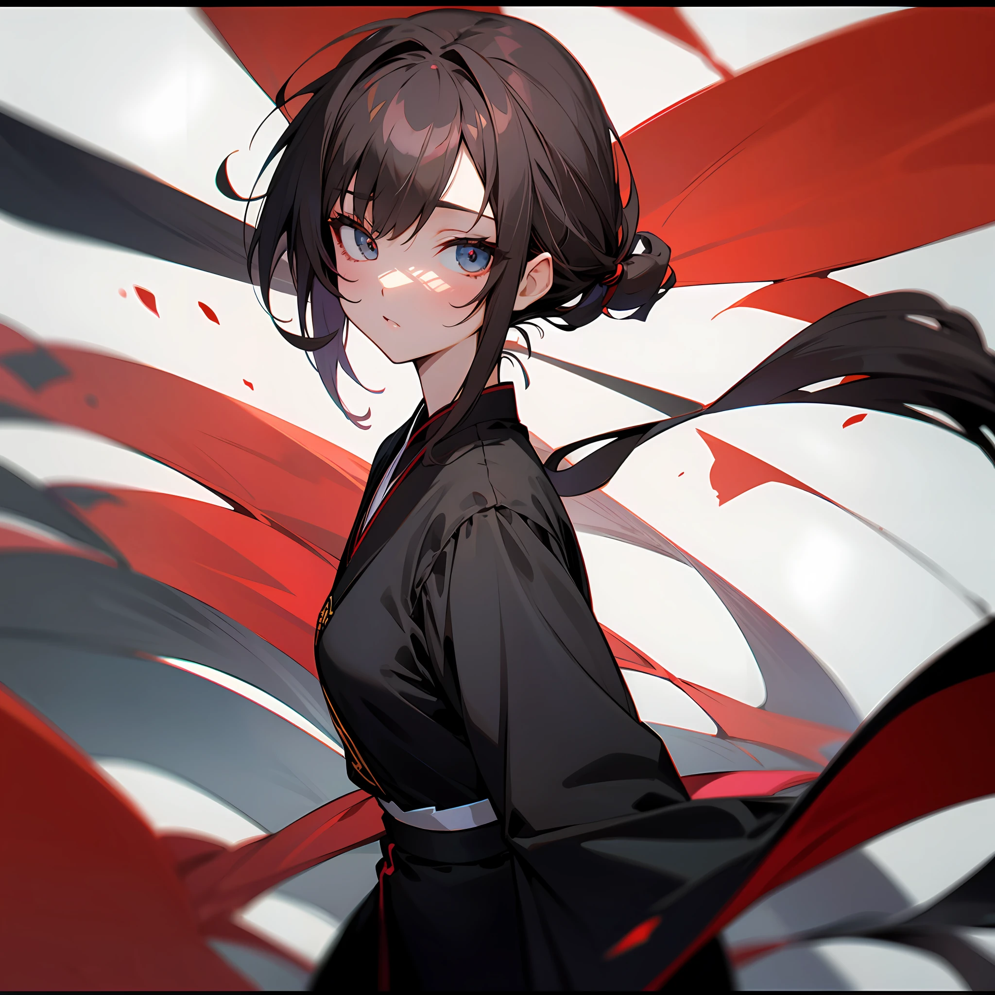 brunette color hair,校服,Low ponytail,黑The eye, teens girl