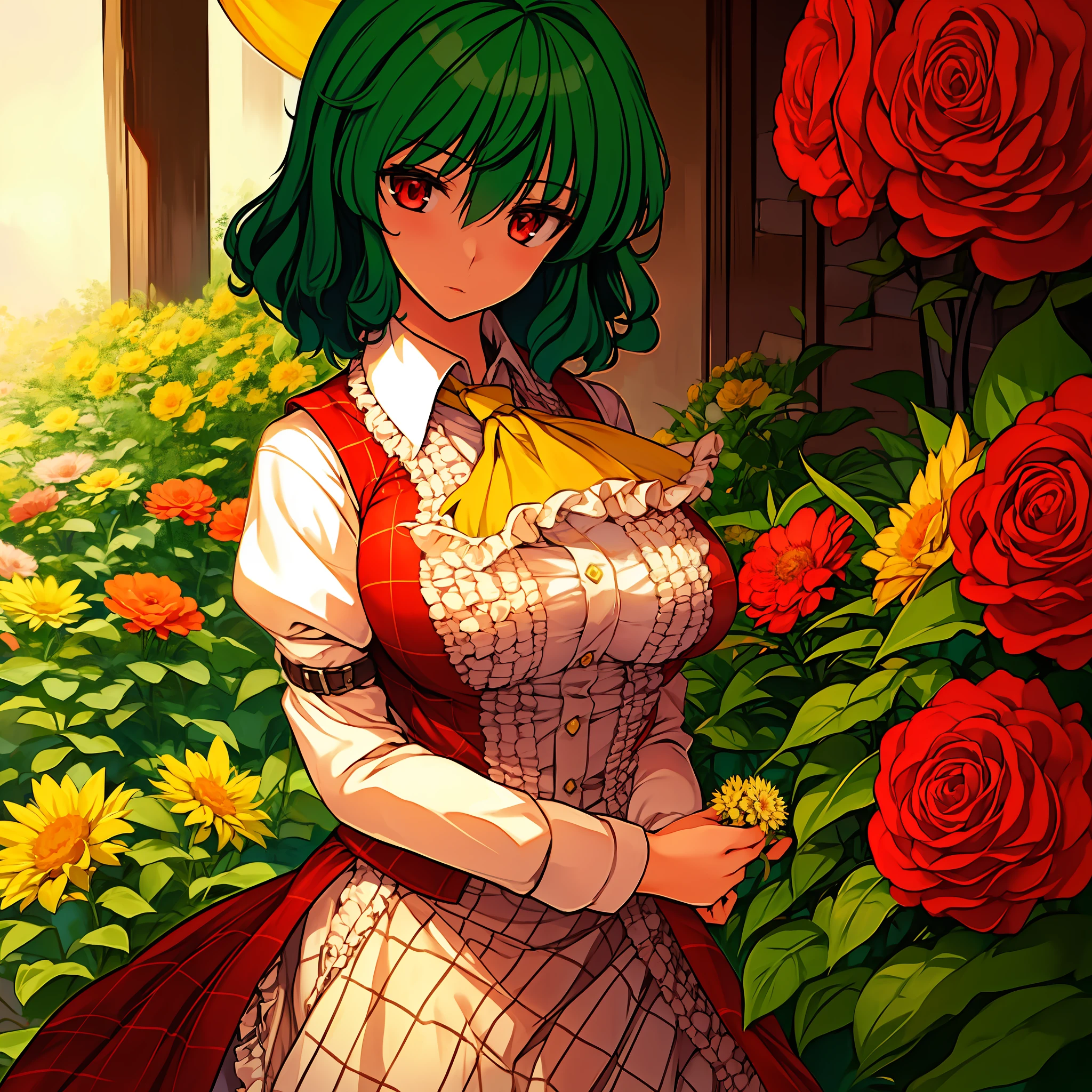 Master masterpieces,Infinite refinement of detail, 4K, solo person, 1girl, Yuuka Kazami of the Touhou Project、red eyes、Green hair,A half body,Take care of flowers in a florist,unexpressive