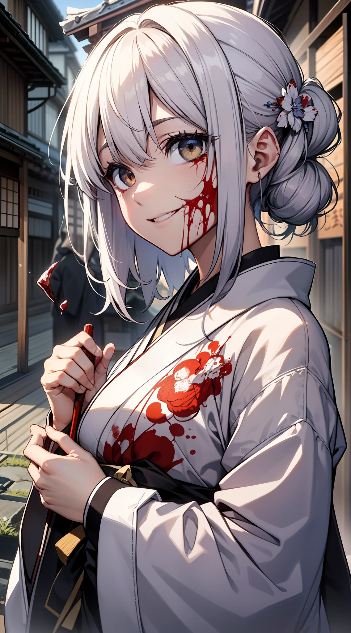 top-quality、masterpiece、8K、A detailed、二重まぶた、Well-formed face、Old house in Japan、Ghost of a woman with a white face full of blood、Girl in white kimono with blood on it、a smile、shrines、Evil Spirit、Blood splattering blood