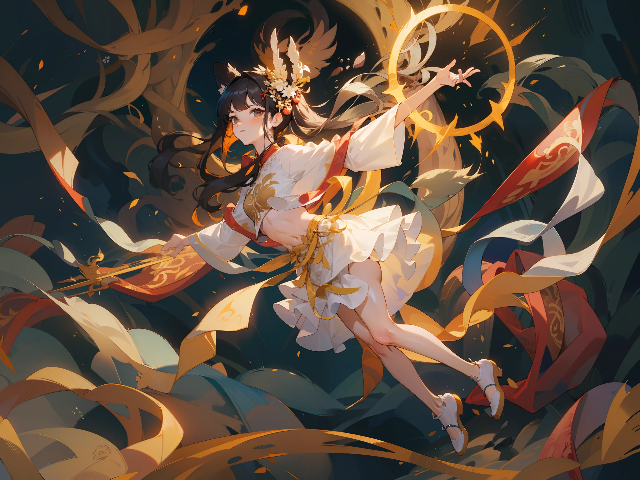 ((Dark Light, Top Quality, 8K, Masterpiece: 1.3)), (Focus: 1.2), (In Chinese, Casual Theme, Outdoor: 1.5), (Beauty & Slim Abs: 1.4), ((Layered Hairstyle)), (White Shirt: 1.6), (White Lace Short Skirt: 1.3), Highly Detailed Face and Skin Texture, Whitening Skin, (Full Body: 1.4), White Clothes, Forest, Evening