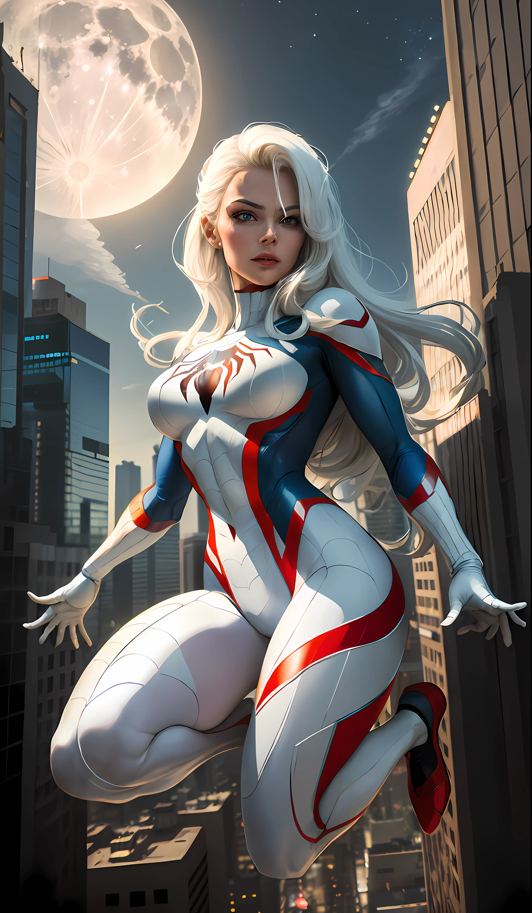 (Masterpiece, 4k resolution, ultra-realistic, very detailed), (White superhero theme, charismatic, there's a girl on top of town, wearing Spider-Man costume, she's a superhero), [ ((25 years), (long white hair:1.2), full body, (blue eyes:1.2), ((Spider-Man pose),show of strength, jumping from one building to another), ((sandy urban environment):0.8)| (cityscape, at night, dynamic lights), (full moon))] # Explanation: The Prompt mainly describes a 4K painting of ultra-high definition, very realistic, very detailed. It shows a superheroine at the top of the city, wearing a Spider-Man costume. The theme in the painting is a white superhero theme, the female protagonist has long white hair, is 25 years old and her entire body is shown in the painting. In terms of portraying the actions of superheroines, spiders are employed
