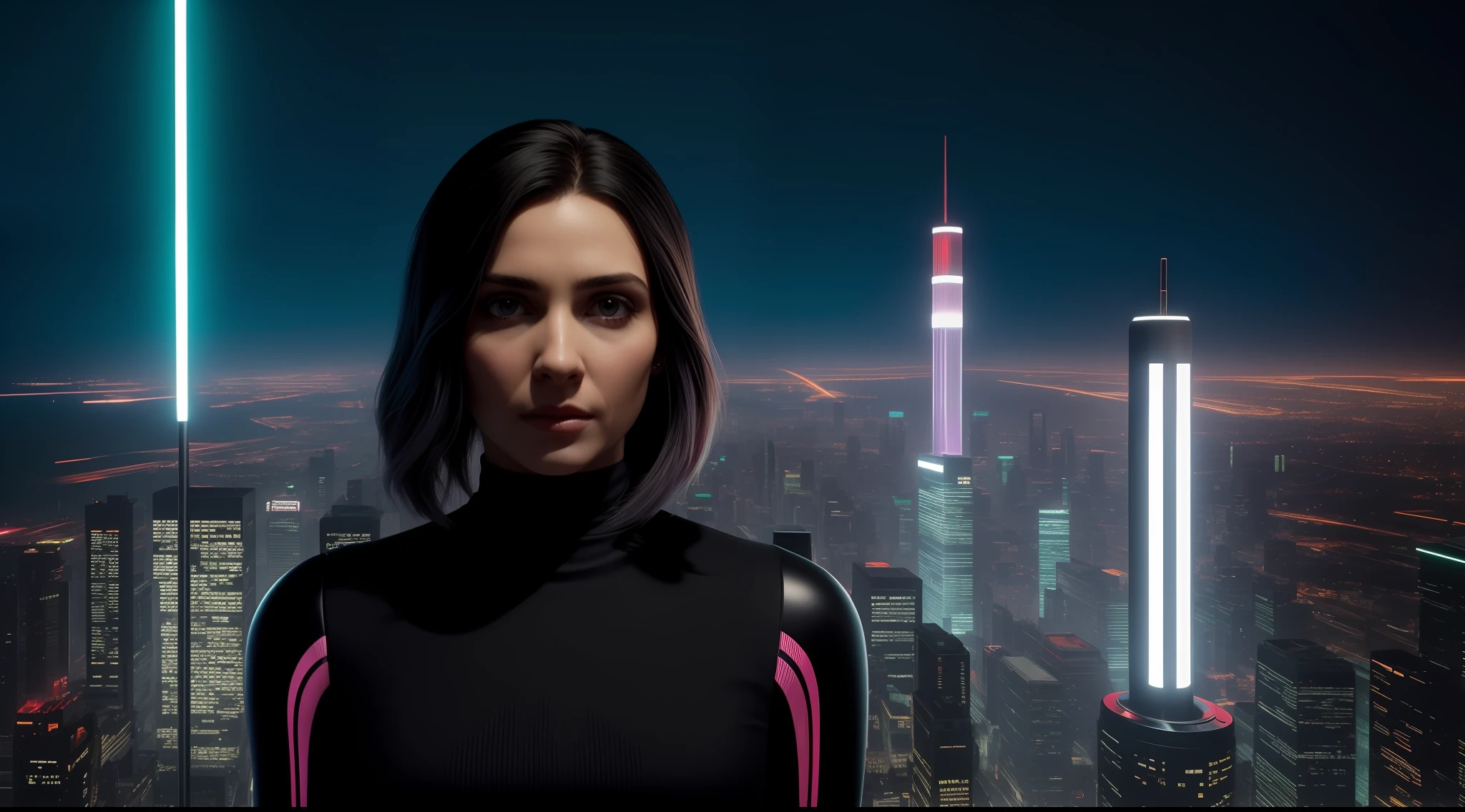 Close-up, Uma mulher deslumbrante, com cabelos coloridos e estilizados, usa um elegante vestido futurista que se ilumina com linhas de LED em tons vibrantes. She's on top of a skyscraper, with a panoramic view of a bright city in the background. brilhando com reflexos de luz neon. Ao seu redor, drones flutuam, capturing images and projecting ever-changing holograms, creating an aura of mystery and sophistication, Cyberpunk aesthetics, foco nítido, Studio photo, detalhes intrincados, altamente detalhado, profundidade de campo, foco nítido, High detail, textura de pele realista, Realistic, fotorrealista, Arte Digital, tinta escura, Directed by: Greg Rutkowski