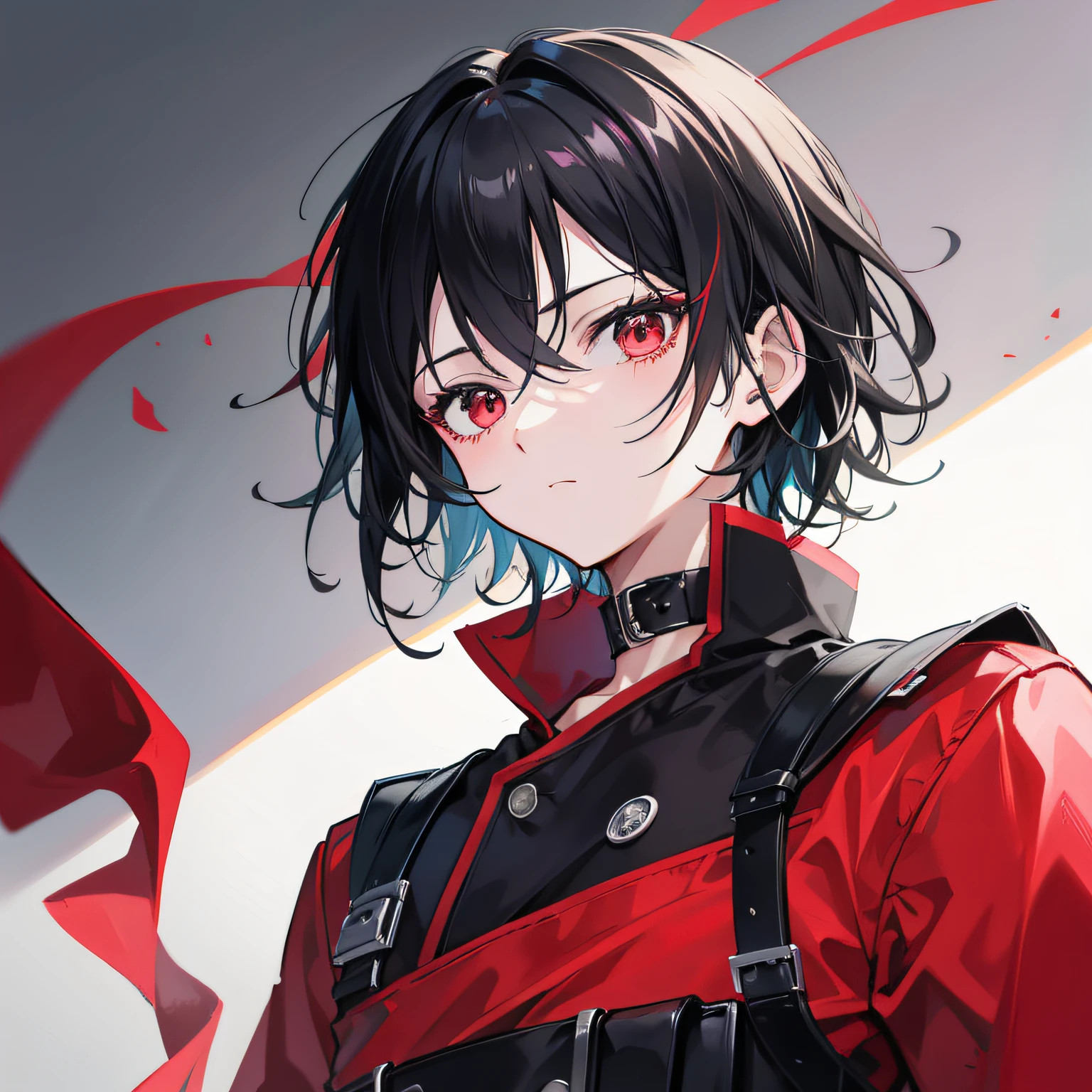 Anime boy black hair black red clothes superb masterpiece upper body look up
