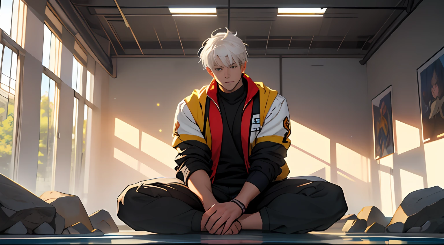 A strong man in a training room, with short white hair, sit with legs crossed,Train with your hands on your knees, surrounded by aura, Tyndall effect, Anime art style, Realistic portrait, mystic academia, radiation clusters, dansaekhwa, Stones, poolcore,32K, Best quality, Masterpiece, Super detail, High details