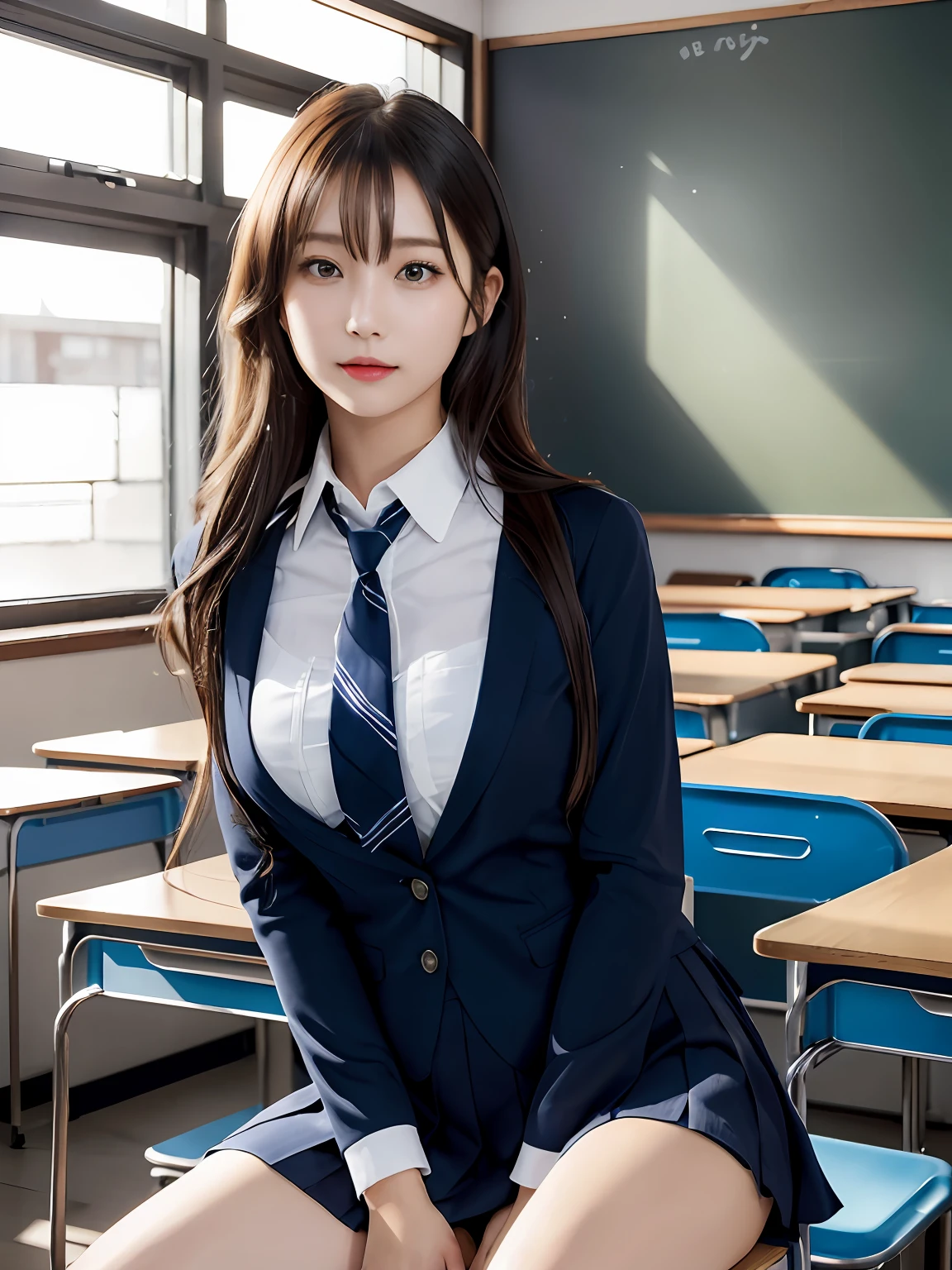 masutepiece, Best Quality, japanaese girl, 8K, Raw photo, top-notch quality, masutepiece, nffsw:1.2, exceptionally detailed RAW color photo, professional-grade photograph, (Realistic, Photorealistic:1.37), (highly detailedskin:1.2), Ultra-high resolution, (lenz 50mm), (masutepiece, top-quality:1.3), (Ultra detailed 8K cg:1.2), (hyper realisitic:1.35), (Photorealistic:1.45), (Realistic:1.4), Cowboy Shot,
1 beautiful Japanese girl, 22 years old, super model, Japanese Idol, __expression__, Large breasts, (sitting on the desk:1.1), (School uniform:1.4), (Spread legs:1.2),
(School classroom background:1.1)、Korean Idol、Nogizaka Idol、hposing Gravure Idol、Adults、女優