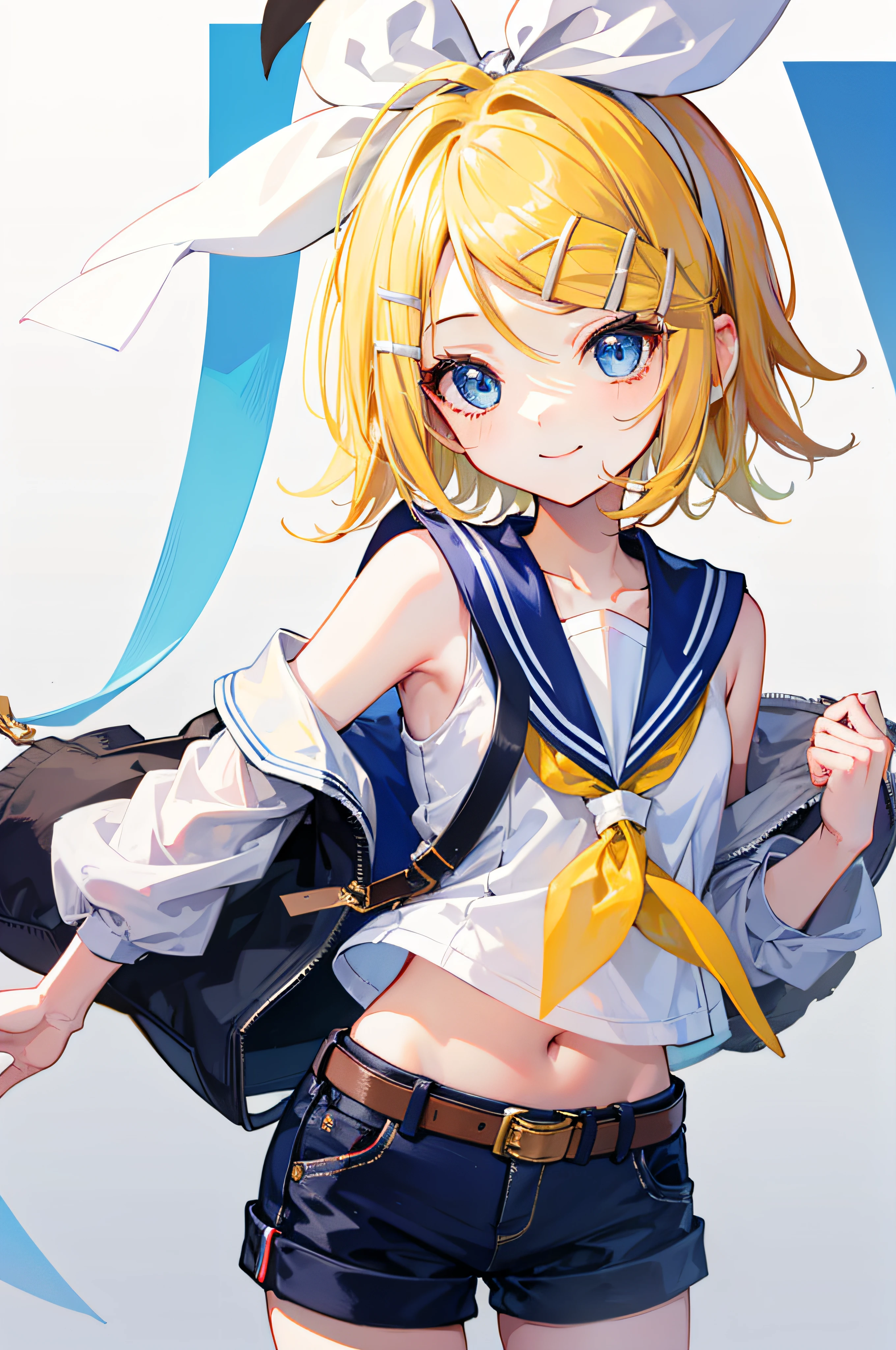 best quality, ultra precision, one girl, (Rin_Kagamine), blond hair, cute, smiles, short hair, high school student, blue eyes, girlfriend, sailor uniform, short pants, belt, sleeveless