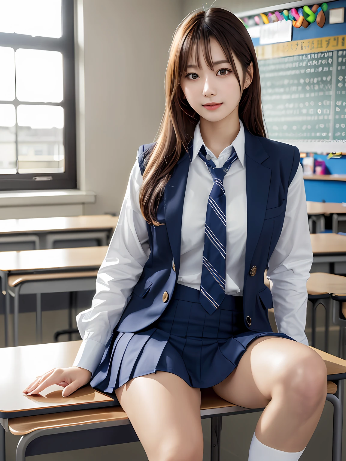 masutepiece, Best Quality, japanaese girl, 8K, Raw photo, top-notch quality, masutepiece, nffsw:1.2, exceptionally detailed RAW color photo, professional-grade photograph, (Realistic, Photorealistic:1.37), (highly detailedskin:1.2), Ultra-high resolution, (lenz 50mm), (masutepiece, top-quality:1.3), (Ultra detailed 8K cg:1.2), (hyper realisitic:1.35), (Photorealistic:1.45), (Realistic:1.4), Cowboy Shot,
1 beautiful Japanese girl, 22 years old, super model, Japanese Idol, __expression__, Large breasts, (sitting on the desk:1.1), (School uniform:1.4), (Spread legs:1.2),
(School classroom background:1.1)、Korean Idol、Nogizaka Idol、hposing Gravure Idol、Adults、女優