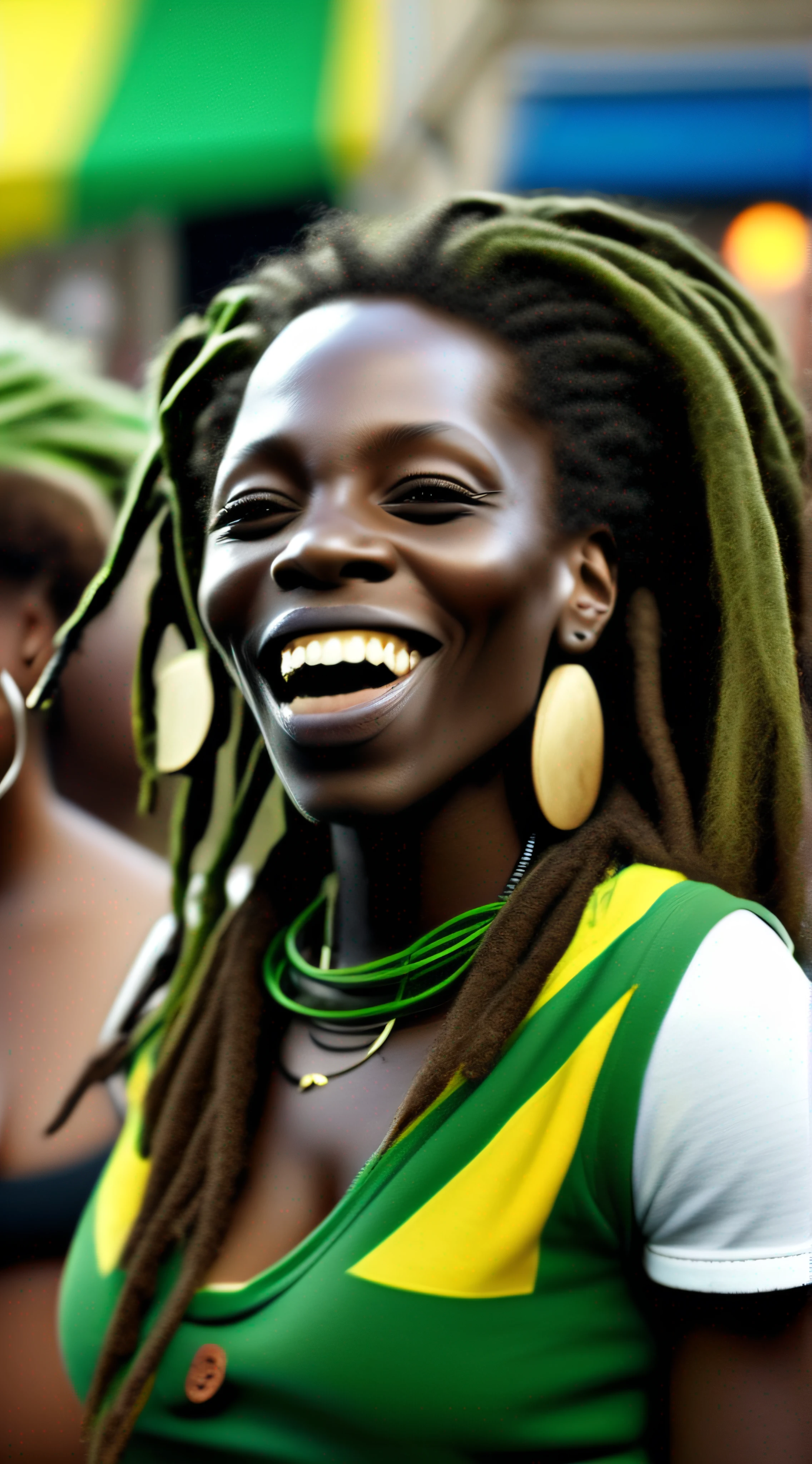 (dreadlocks, Jamaican, Spectacle de rue, chant, Un public enthousiaste, Ville verte),(Belles dames, Coiffures afro, surrounding the Jamaican singer), Environnement dynamique et vivant, Ambiance Jamaicaine.