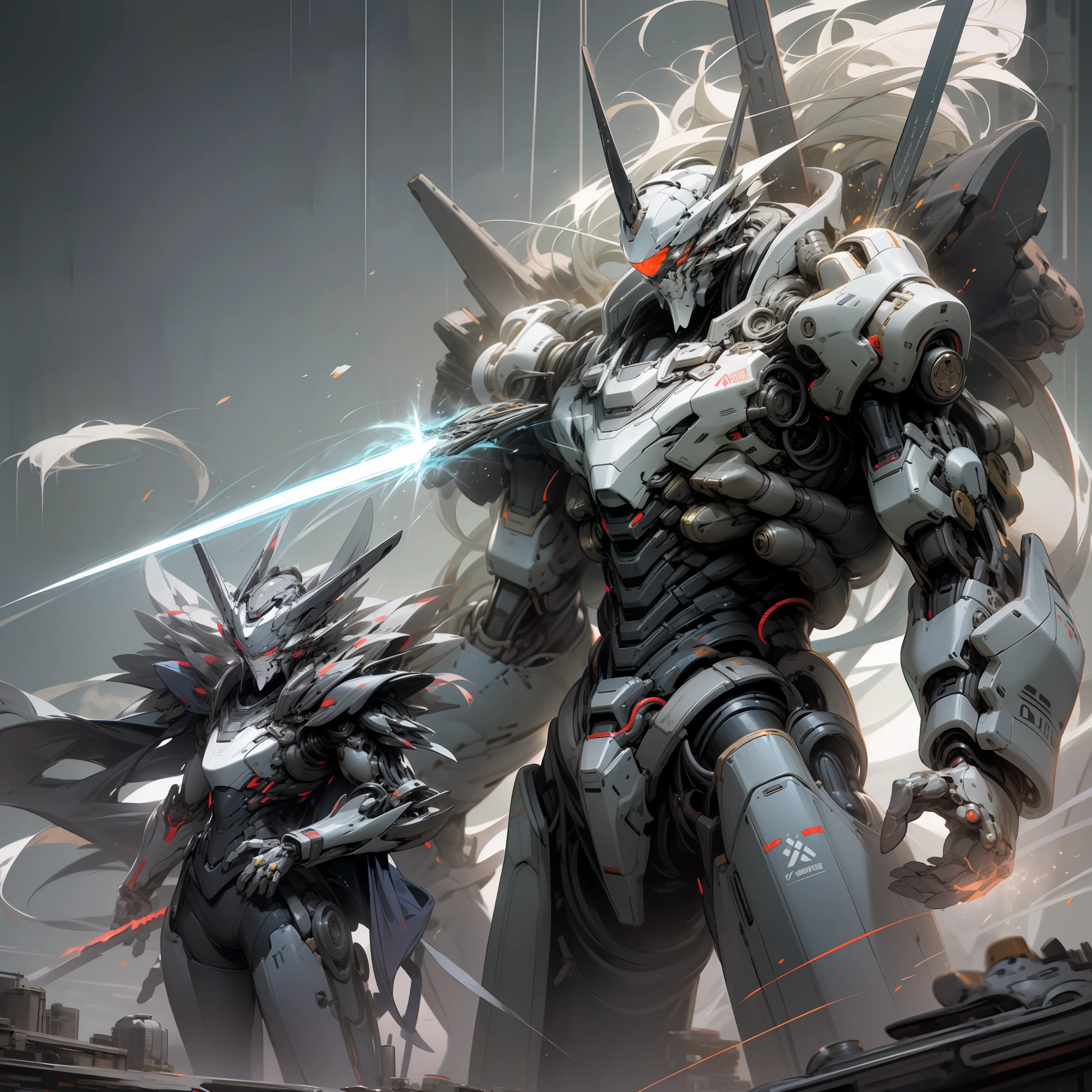 Tall mech,Silver-white body,Black and white,Use the plasma sword,There is a dragon particle effect,Yin and Yang gossip,Formation,mechanical sense,sense of strength,Sense of space,combats,cyber punk perssonage,Human body modification,Structurally sound,Battle instant,High-quality face,4K,High quality,Masterpieces