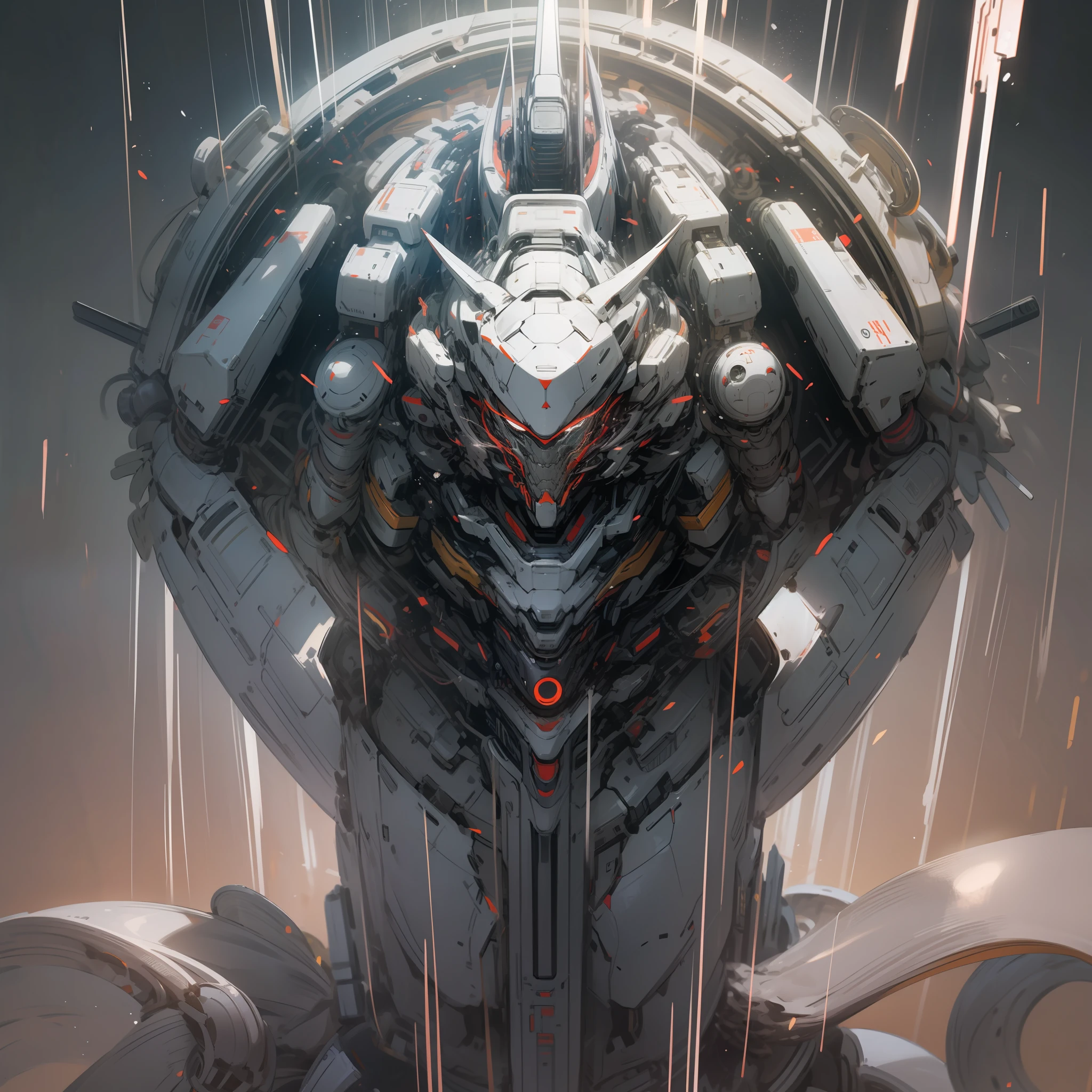 Tall mech，Silver-white body，Black and white，Use the plasma sword，There is a dragon particle effect，Yin and Yang gossip，Formation，mechanical sense，sense of strength，Sense of space，combats，cyber punk perssonage，Human body modification，Structurally sound，Battle instant，High-quality face，4K，High quality，Masterpieces