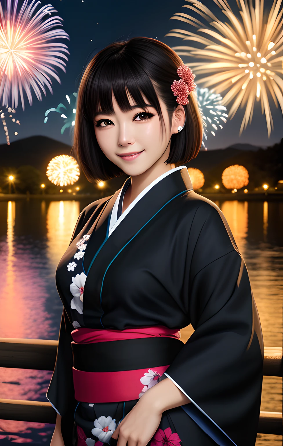 ((top quality, 64K, masterpiece: 1.3, UHD, realistic, photorealistic: 1.37)), crisp focus: 1.2, beautiful woman with perfect style: 1.4, slender abs: 1.2, ((black hair, short hair, big: 1.2, smile, slender features)), highly detailed face and skin texture, detailed eyes, double eyelids, super detailed, adult woman, solo, yukata figure, fireworks, lake, moon, fan