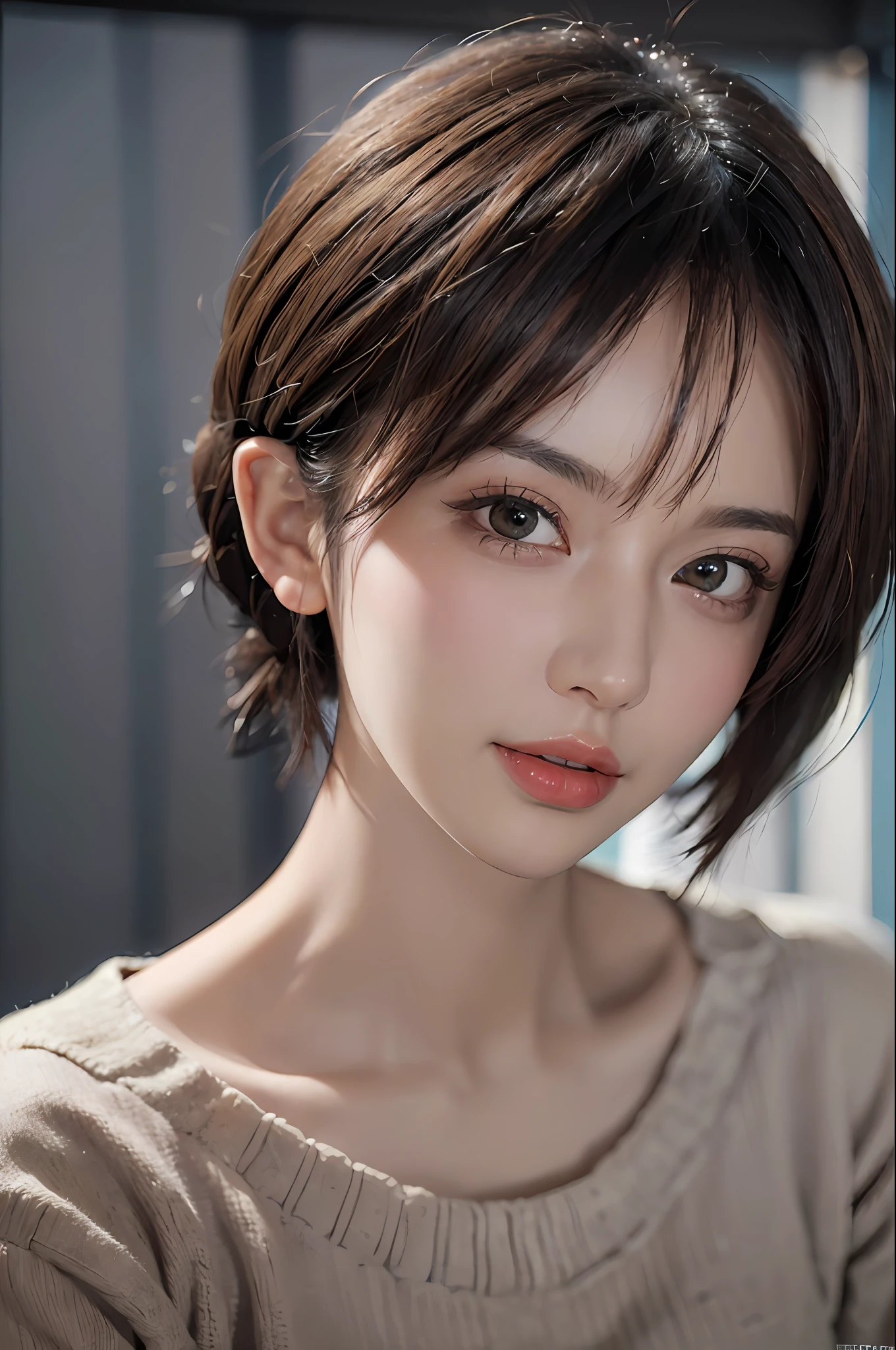 (masterpiece:1.3), (8k, photorealistic, RAW photo, best quality: 1.4), (1girl), beautiful face, (realistic face), (black hair, short hair:1.3), beautiful hairstyle, realistic eyes, beautiful detailed eyes, (realistic skin), beautiful skin, (sweater), absurdres, attractive, ultra high res, ultra realistic, highly detailed, golden ratio