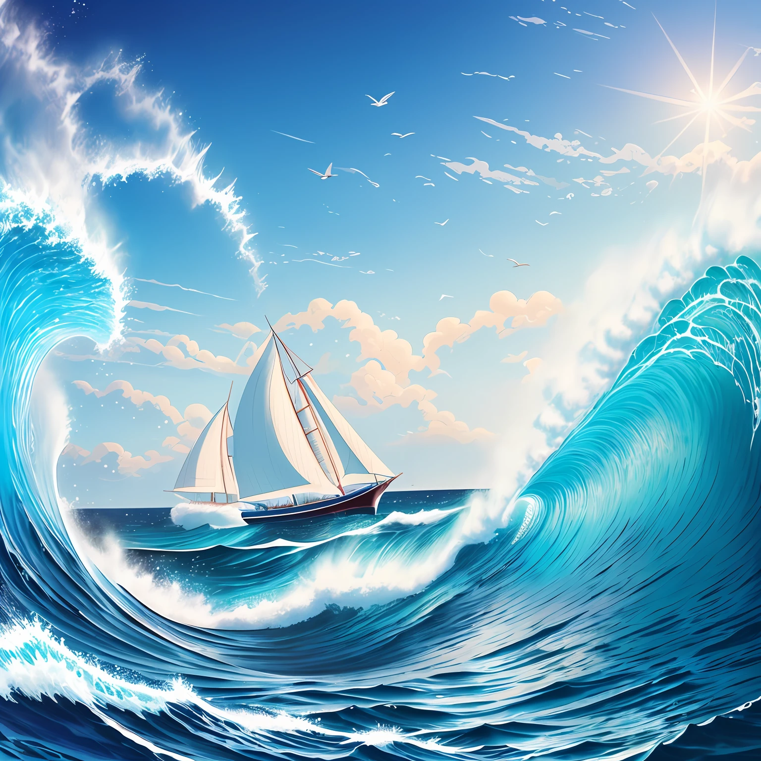 tmasterpiece,best qualtiy,riding the wave,the sea,PPT background,swell sea,Yang Fan set sail,Luxury sailboats,riding the wave,The waves are meticulous,Scene magnanimous,bird's eyes view,chest circumference,highly detailed,