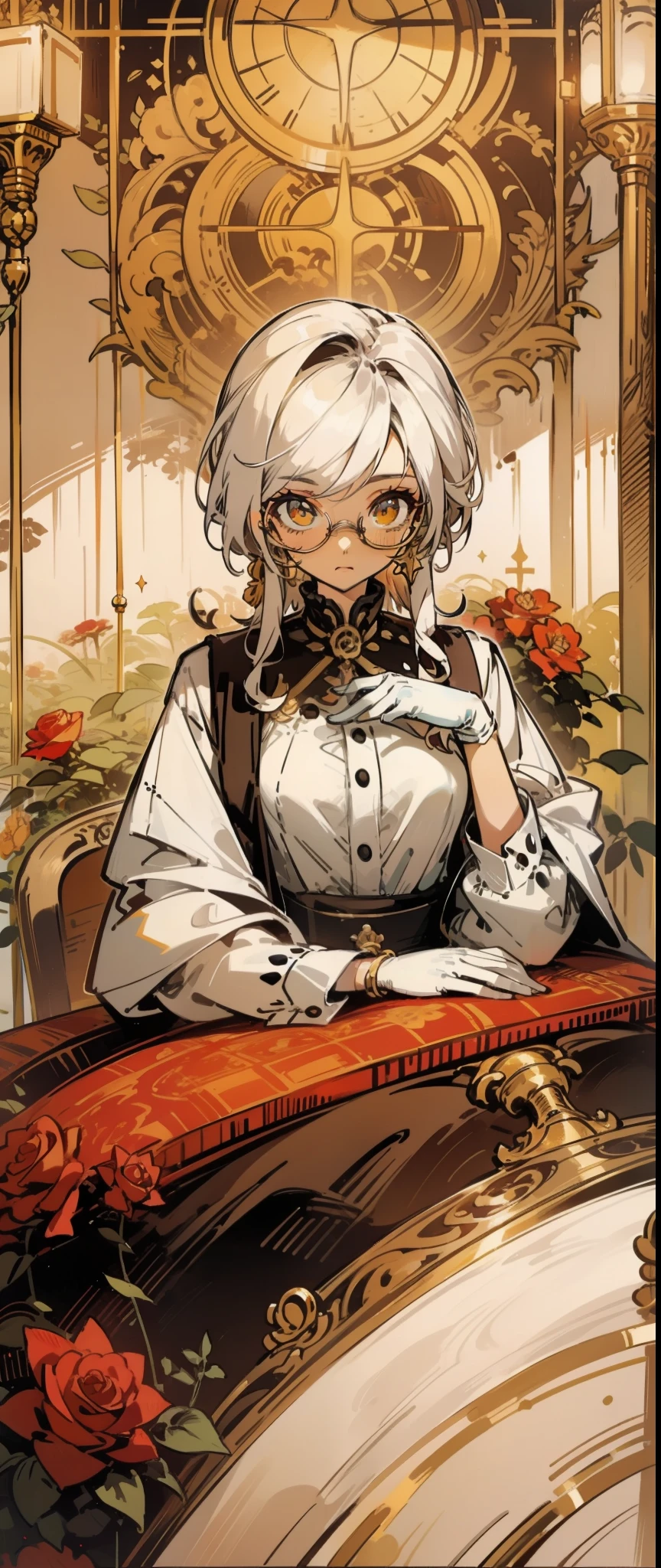 woman,Sitting in a coffee shop,Golden eyes,cabelos preto e longos,wears glasses,Read a book with your eyes down,White color blouse,There are metal roses on the chest,4K,in a panoramic view