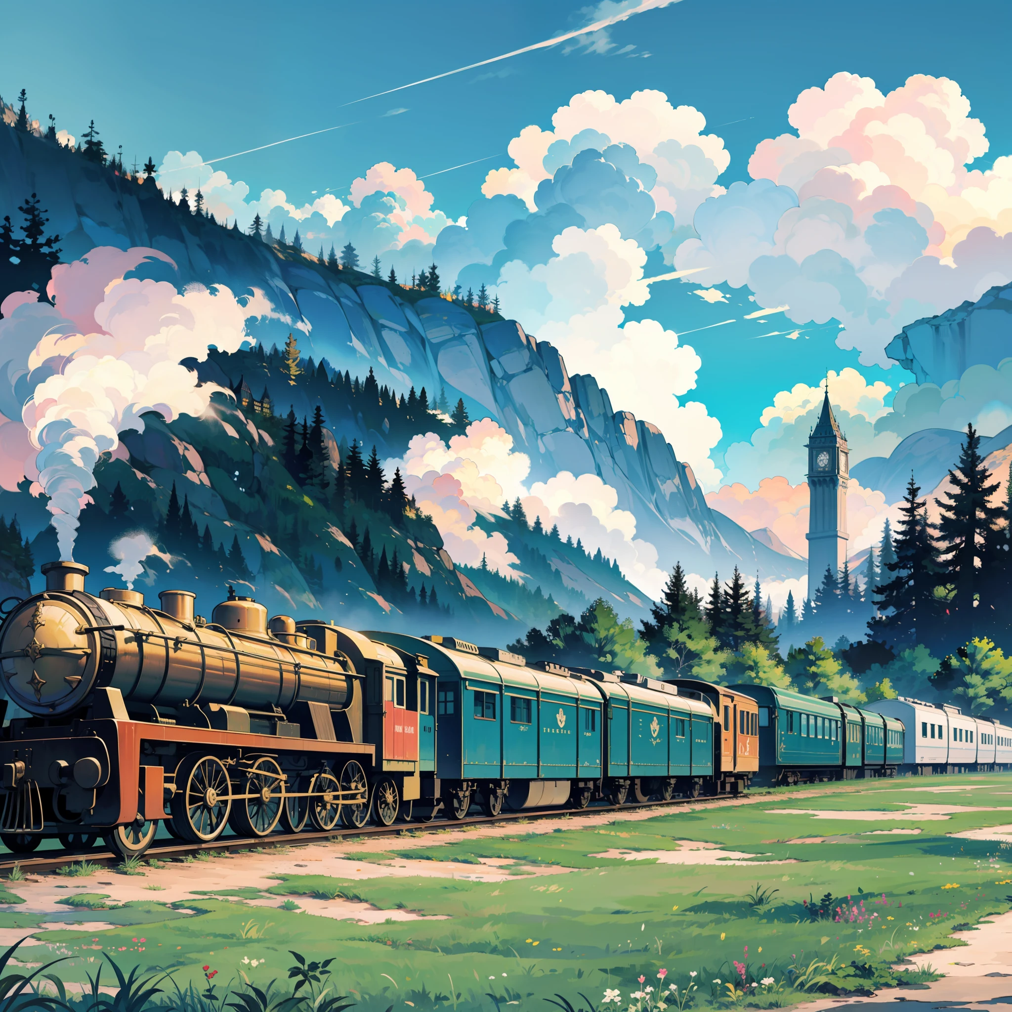 Imagine-se em um dia ensolarado e fresco, as you walk down the city's main street. Ao longe, you see the steam locomotive of Maria Fumaça number 28, com sua cor preta e dourada brilhando sob o sol. The white smoke from the chimney rises into the air and mixes with the fluffy white clouds, creating a picturesque and enchanting setting. The wagons of Maria Fumaça have a retro touch, com suas janelas arredondadas e as portas de correr de madeira escura. As the train approaches, You can hear the sound of the rails, criando uma harmonia musical com o apito agudo da locomotiva. Ao fundo, you see the city, com suas casas simples e acolhedoras, que parecem estar em perfeita harmonia com a natureza ao redor. The blue of the sky blends with the green of the surrounding trees and mountains, criando uma paleta de cores harmoniosa e serena. E, mesmo com a beleza natural ao redor, it's impossible not to notice the Christ the Redeemer statue featured, que se ergue majestosamente no topo de uma colina. With open arms to welcome everyone, It conveys a sense of peace and tranquility, that makes you feel at peace with yourself and the world around you. This is a tourist spot that will surely be kept in your memory forever. An image you'll never forget.