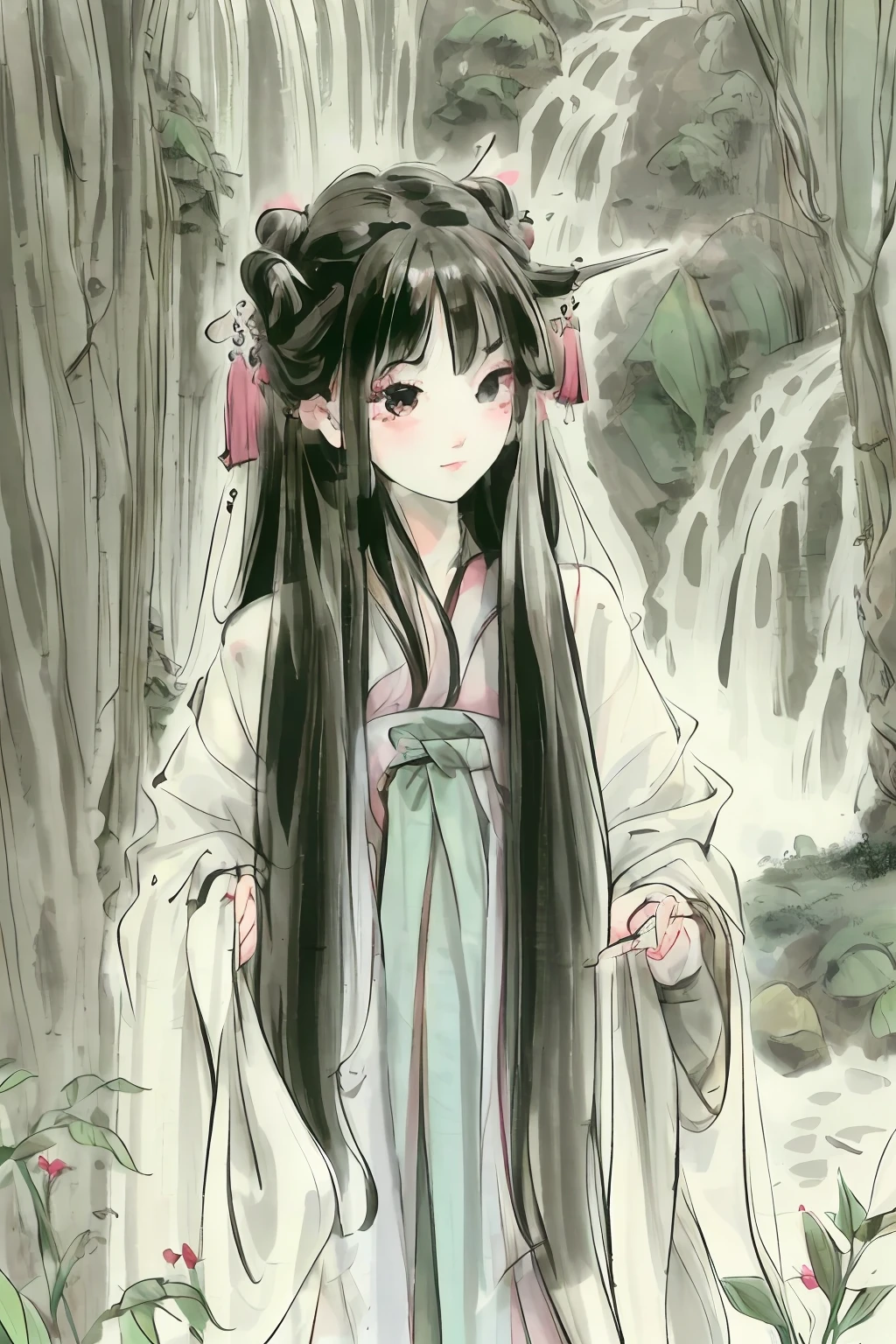 Close-up of a woman in pink dress standing in front of a waterfall, flowing hair and long robes, Anime girl with long hair, Palace ， A girl in Hanfu, ethereal anime, Beautiful anime style, Beautiful anime artwork, Beautiful anime art, author：Hosomura Kane, anime visual of a cute girl, Anime goddess, Beautiful anime，Masterpiece, Best quality, offcial art, 8K wallpaper, Highly detailed, illustration, 1 girl, Black hair, Long hair, Delicate red eyes, bamboo forrest, Bare shoulders, lakes, Pure, Soft smile