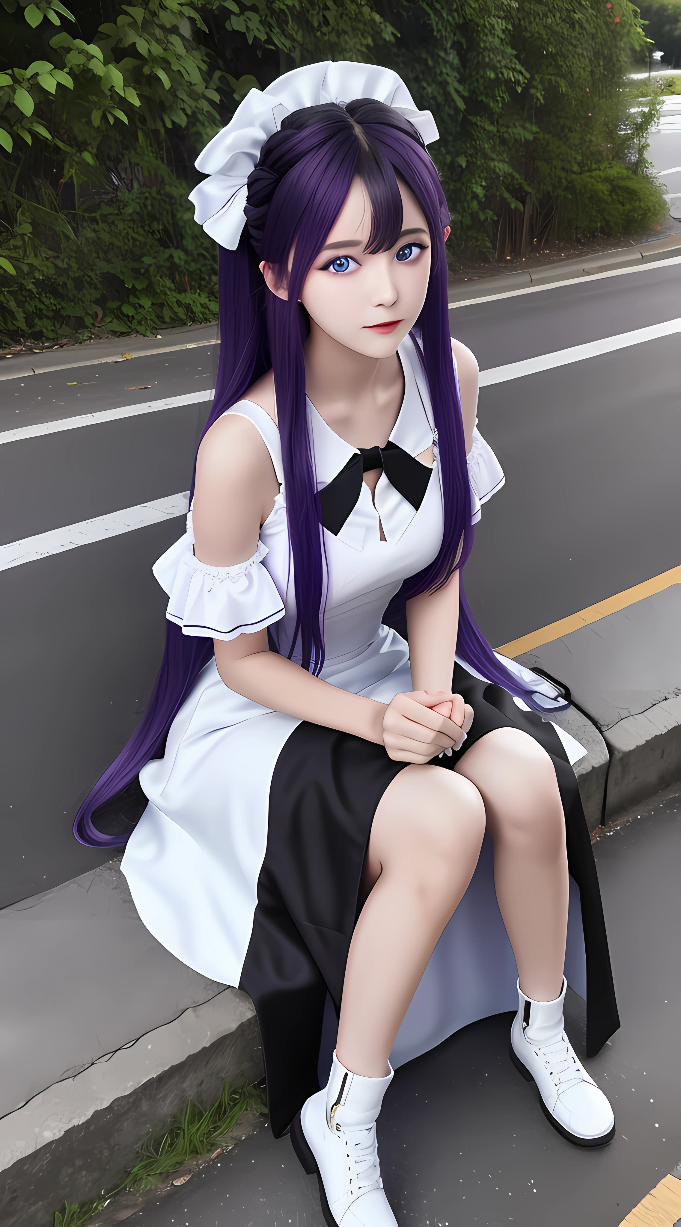 8k ultra resolution, a beautiful rgp cute girl, wearing white dress, realistic black and purple combination hair, dark blue eyes, sitting on the roadside, full body covered
