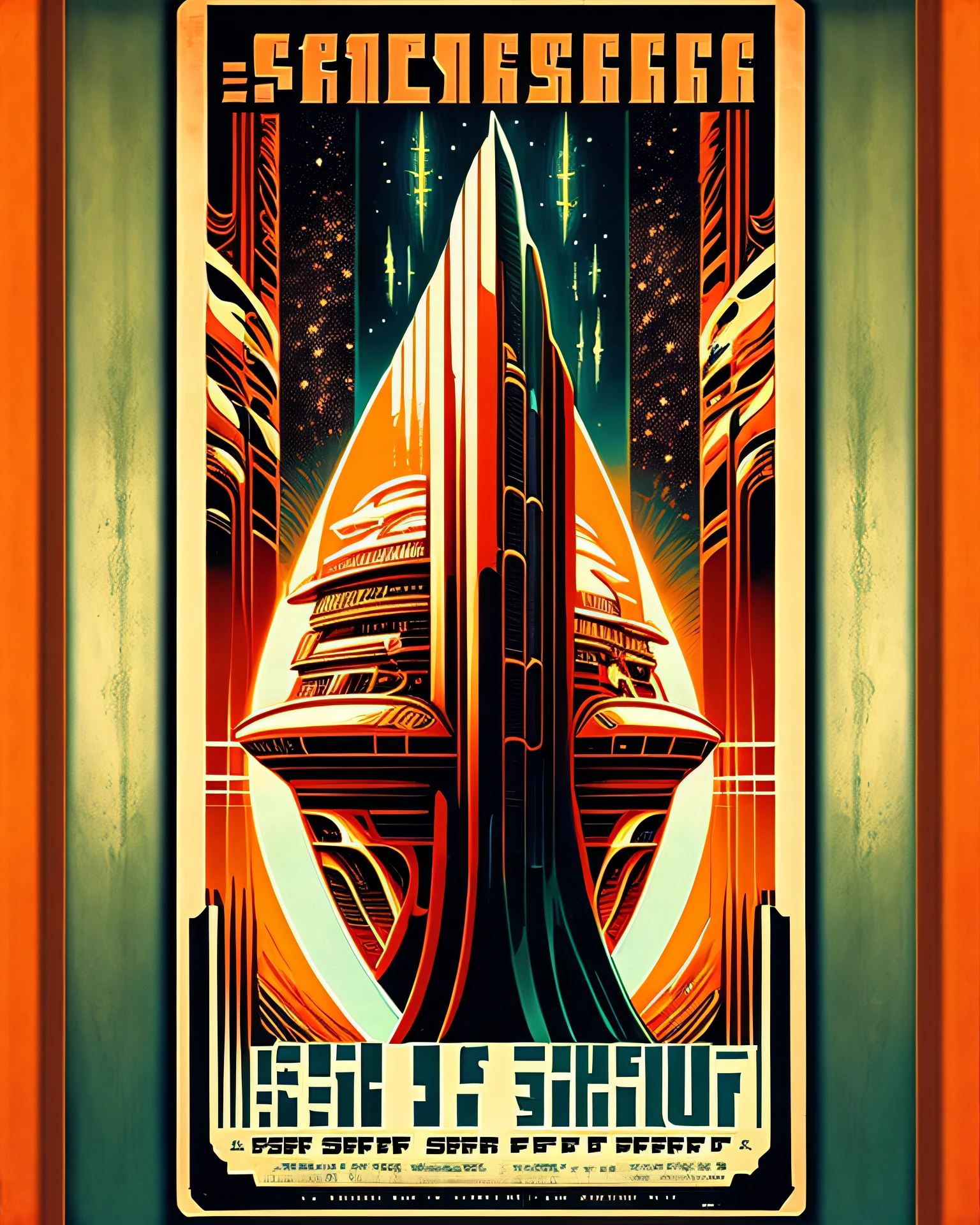 Art Deco style exotic science fiction novel posters are the main focus,(SF novel:1.5), Star Trek, enterprise, Stargazer