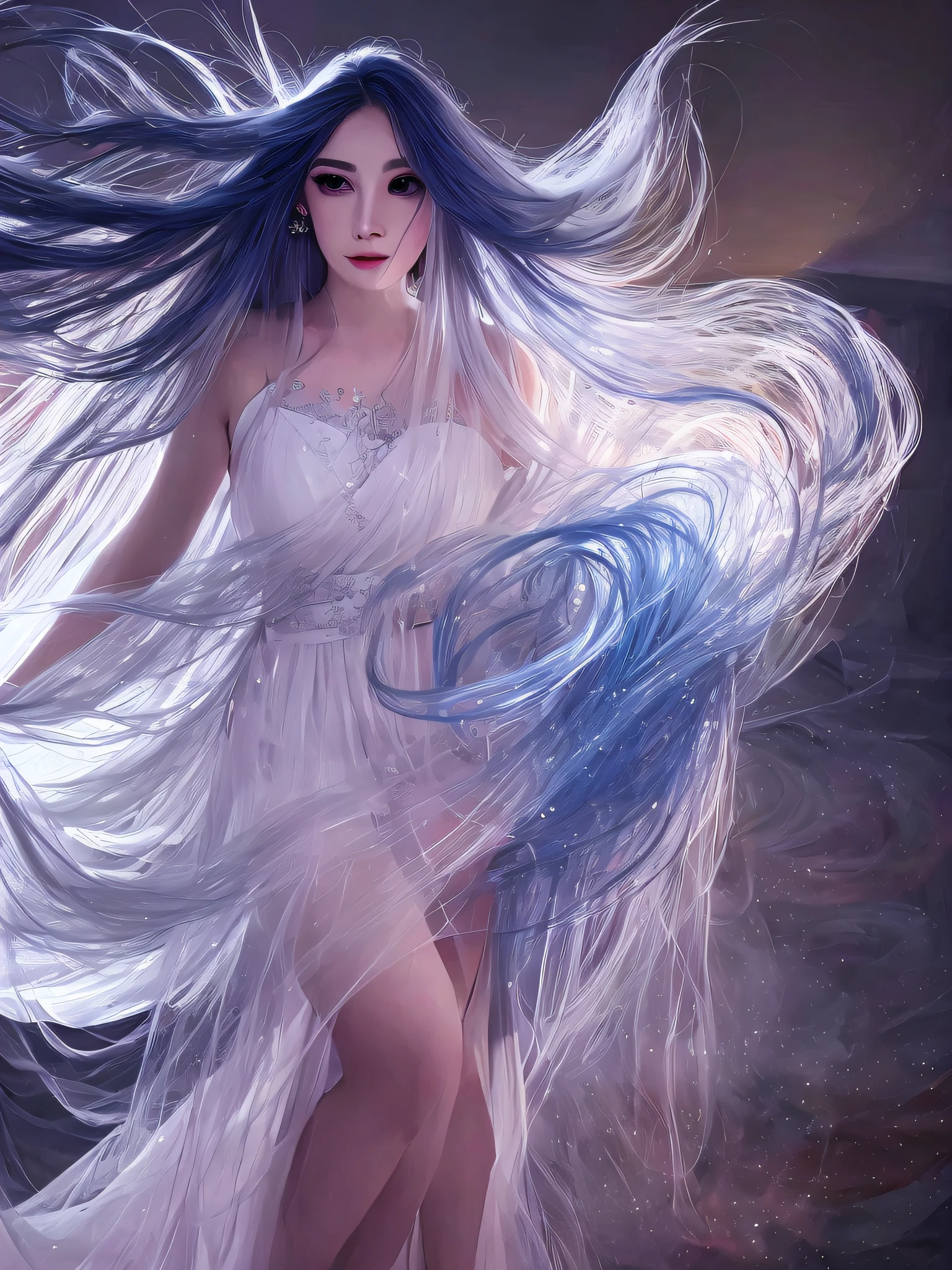 A woman in a long dress is dancing with a red and blue ribbon, flowing magical robe, Beautiful digital artwork, Flowing robes, flowing white robe, Flowing fabric, floating dress, ethereal essence, Very Beautiful Digital Art, Digital artwork 4 K, beautiful digital art, Digital Art 4K, Digital Art 4 K, Exquisite digital illustration, silk flowing in wind, flowing robe