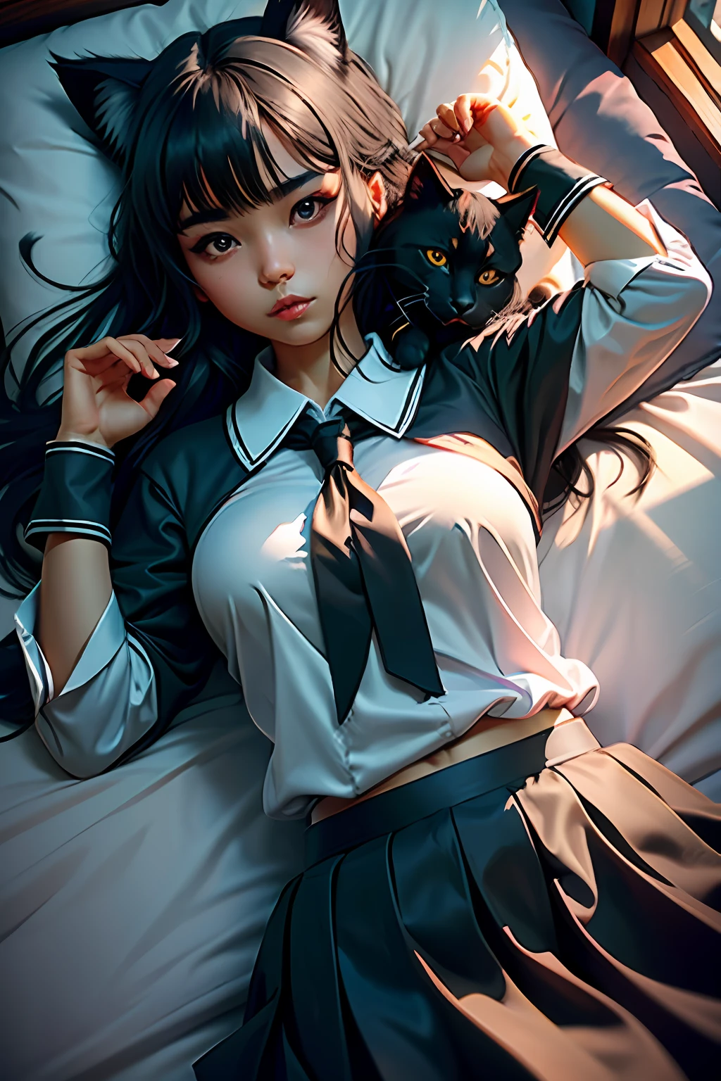Kizi,Lie down in bed,blacksilk,JK school uniform,pleatedskirt,cat ear,Keep your eyes open and look into the camera,sideface,k hd,the detail,Sunlight light,photorealestic