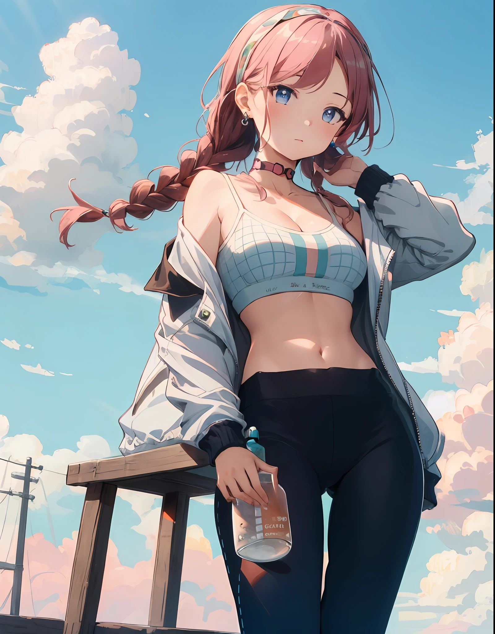 (((masterpiece))),((ultra-detailed)),(extremely detailed CG unity 8k wallpaper),high resolution, (extremely detailed illustration),
ShoalBeat, 1girl, breasts, blue poison \(shoal beat\) \(arknights\), solo, official alternate costume, pink choker, jacket, twin braids, braid, looking at viewer, navel, choker, holding, large breasts, open jacket, off shoulder, bare shoulders, bangs, jewelry, earrings, sports bra, stomach, long sleeves, pants, black pants, hairband, open clothes, white jacket, long hair, cleavage, leggings, collarbone, holding bottle, midriff, bottle, knee up, crop top, parted bangs, spaghetti strap, blush, hand up, standing, closed mouth, thighs, camisole, 
symbol-shaped eyes,