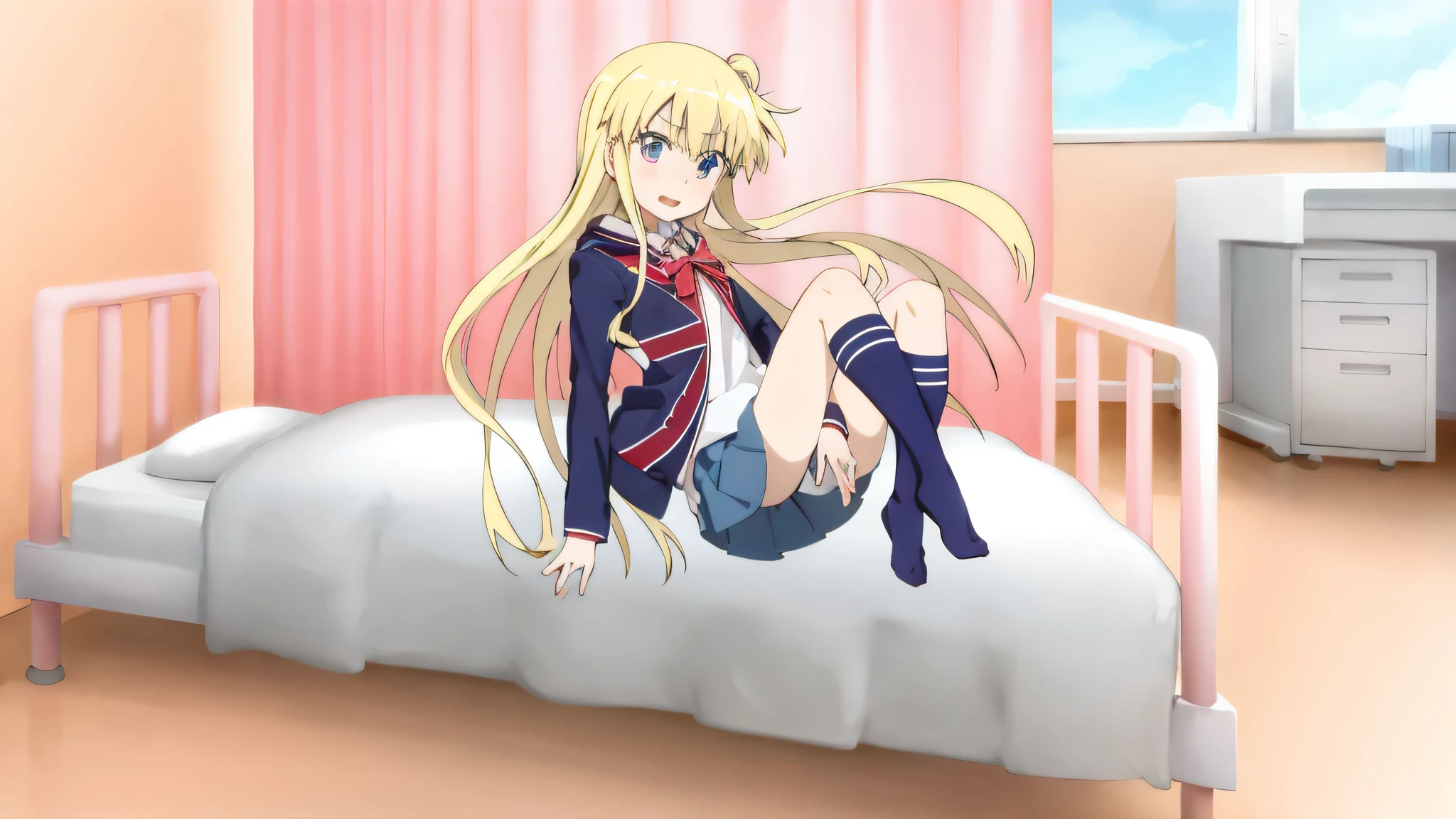 anime girl sitting on bed with her legs crossed, Ecchi anime style, blonde anime girl with long hair, Anime girl named Lucy, sitting on her bed, Anime Best Girl, sitting on a bed, in dress, beautiful anime high school girl, Sitting on the bed, lyin in bed, anime style like fate/Stay Night, small curvy loli