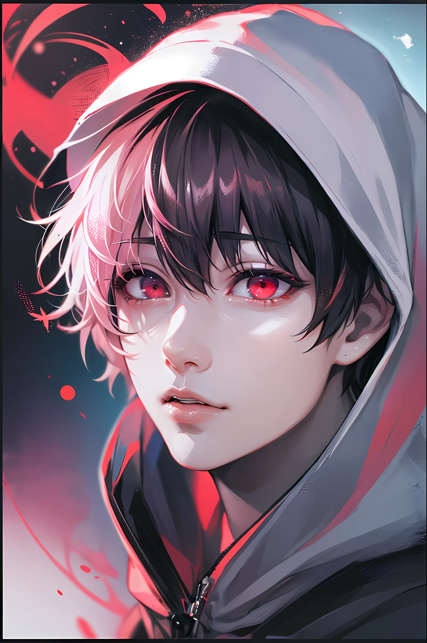 a moon, highest  quality, detaileds, ​masterpiece, 1boy, Ken Kaneki, portraitures, Male Focus, red eyes, 独奏, bangss, looking at the viewers, hoods, shorth hair, Sateen, Tokyo Tokyo \(sity\), Hood Up, manicure, A dark-haired, opulent, 8K, detaileds, Ray traching, depth of fields, 电影灯光,
