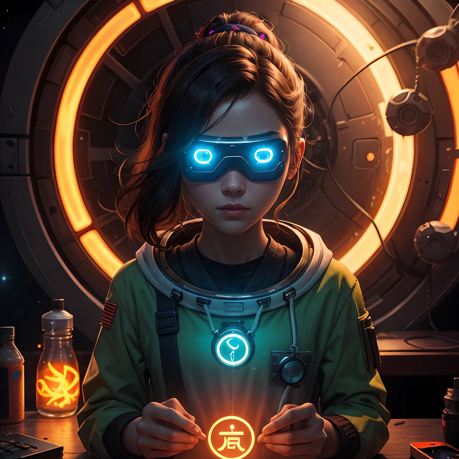 ((tmasterpiece)), ((ultra - detailed)), ((best qualtiy)), 美丽细致的眼睛, Detailed face, The best lighting, The best shades, 1 rapariga,doi,Overwatch,Close-up of the side top-down,独奏, ((cyber punk style, edge lit, machine arm,Hologram aura,Surreal Science Fiction Art,Future Science Fiction Aesthetics,Flat 2D style)), ((The main colors are purple and green)), Large disc, (Girl inside the screen:1.5),Mobile Paradise,Orange bulb,A world made up of mobile phones,Gamepad,laptop,VR glasses,Virtual screen, freckle, Cold nose, (((Buble))), illustration,japanese inspired, (highly detailed), Whirlpool effect,future-tech,space flight,sci-fy --auto