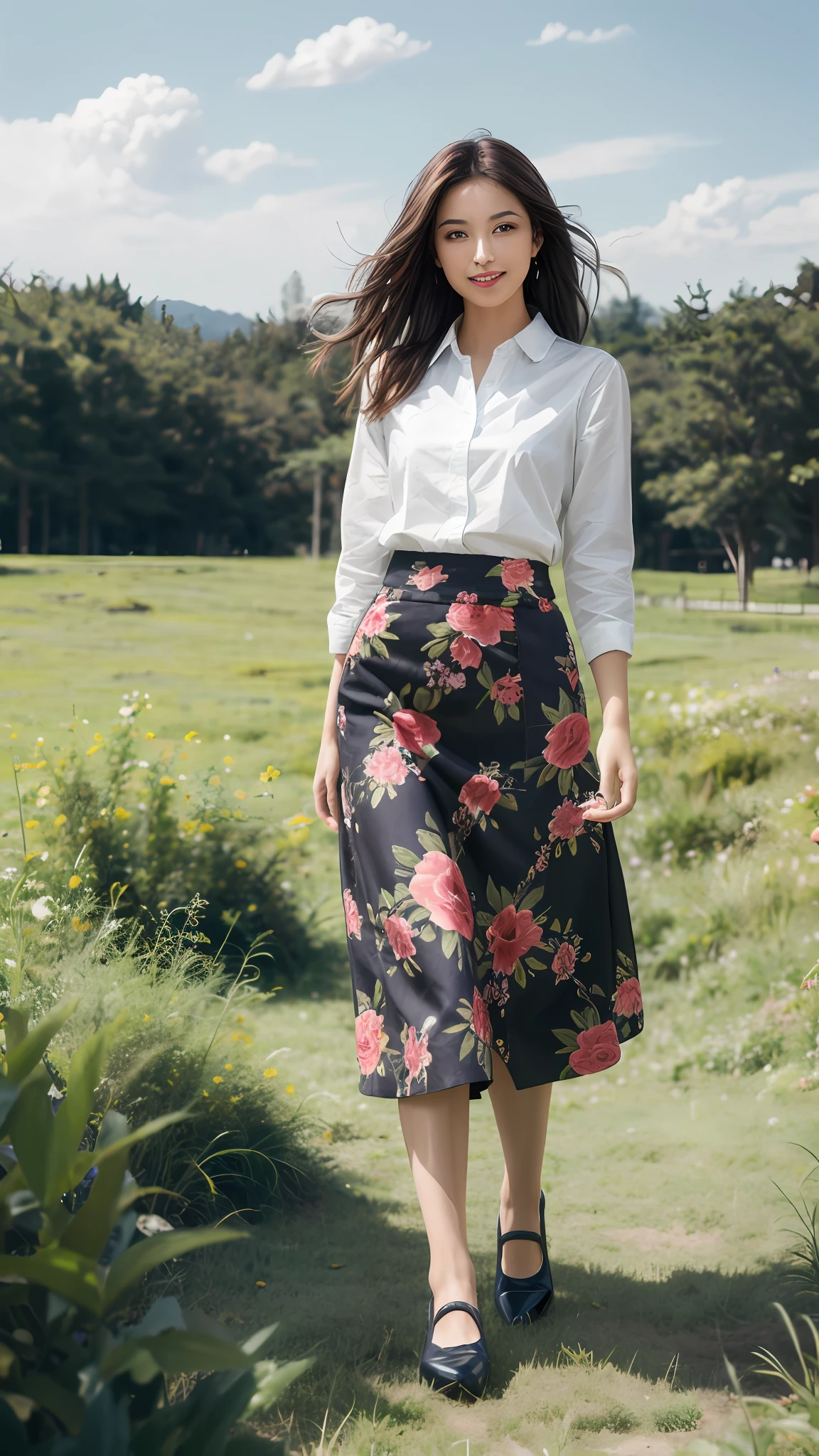 Best quality, masterpiece, (photorealistic:1.4), raw photo, (RAW photo, best quality), (realistic, photo-realistic:1.3), Amazing, finely detail, ultra-detailed,best illustration,sharp focus, 8k UHD,
1girl,moyou,earrings,jewelry,solo,long hair, shirt, skirt, lipstick,smile,standing,photo background,
long skirt,floral print,shoes,
(detailed beautiful grassland :1.1),