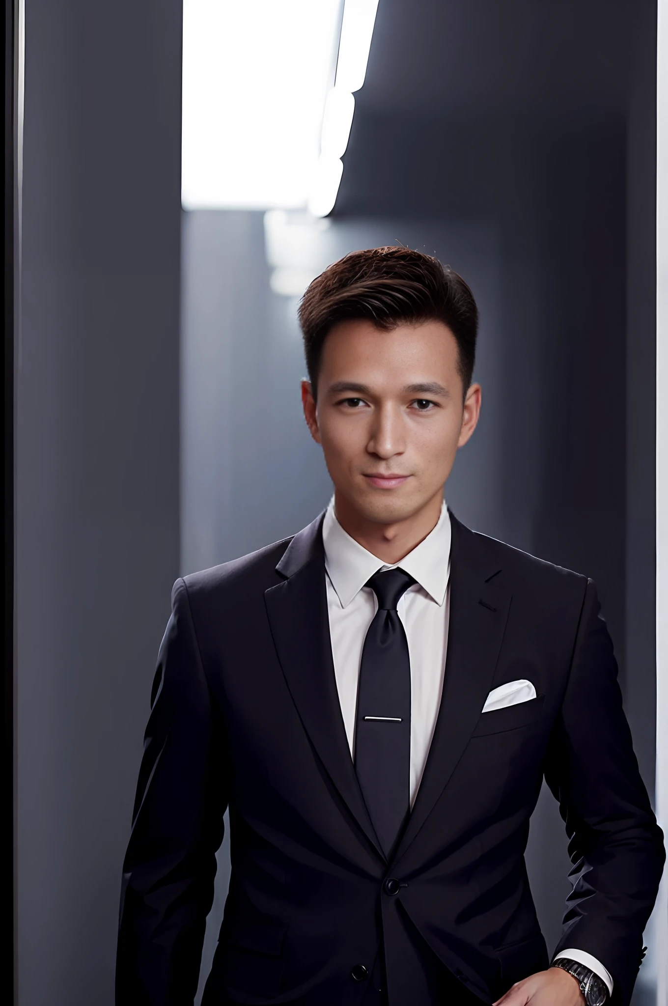 An Alafed man in a suit and tie stands in the hallway, wearing black suits, dressed in a suit, ryan jia, handsome chad chin, suit , Perfect face, Handsome man, wearing black suits, handsome and attractive, dressed in a suit, promotional portrait, handsome and elegant, Chen Zezhou, man in black suit, well-groomed model