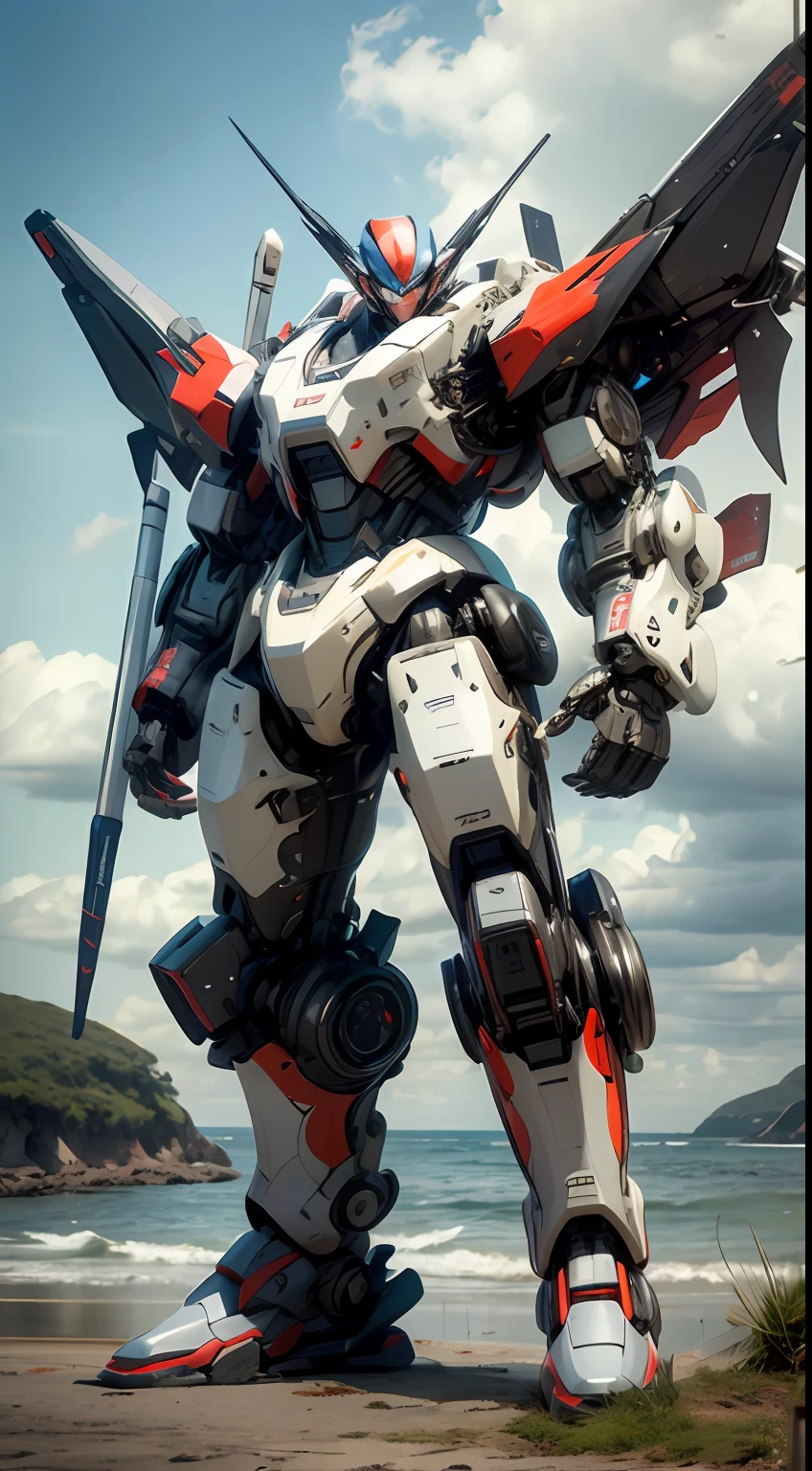 8K resolution, top picture quality, super detailed, Alphad robot standing by the sea, sea level background, huge mecha robot, Alexander Ferra mecha, mecha art, mecha aesthetics, realistic fighter mech, cool mech style, humanoid mecha, colorful, worn mecha