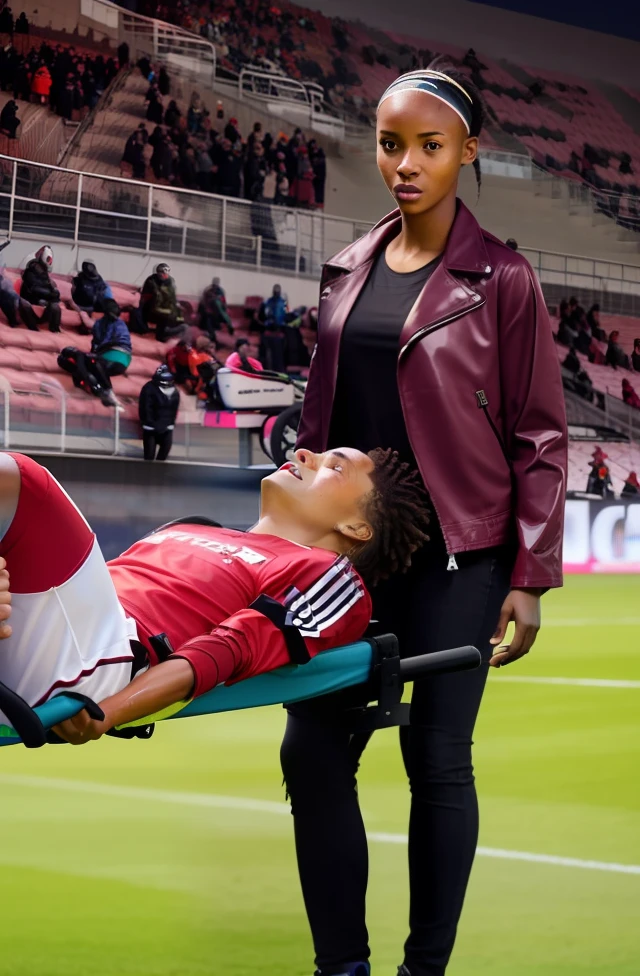 soccer, sports injury, theatralic erotic action, intense eritoc scene, erotic pose, a love scene, passionate loving action, erotic, an injured soccer-boy in matte cotton sportswear is rearing up in pain on a stretcher, an injured soccer-boy in matte cotton sportswear is rearing up in pain on a stretcher that is carried by his looking girlfriend, there is an attractive and laszive girl in a deep black high-shine biker-jacket, a terrified but attractive girl is evacuating her injured soccer-boyfriend from a soccer field, an injured soccer-boy in matte cotton sportswear is rearing up in pain on a stretcher while he is evacuated from the field of play by his very attractive girlfriend, an injured soccer-boy is crying in pain, an attractive girl in a wet deep black shiny plastic-jacket is giving first aid, dramatic action scene, first aid, injury, pain, agony, helping woman, woman carrying a man, an attractive african girl in a black shiny biker- jacket, an attractive african girl in a wetlook shiny patent-leather-biker-jacket with lipstick and madeup smokey eyes, a consciousless german boy in a cotton shirt and a matte jeans, an attractive african girl with lots of makeup in a very shiny wet black biker-jacket, an attractive african girl is wearing a shiny bikerjacket, an attractive african girl with smokey eyes, an attractive madeup girl in shiny leather with lipstick, an attractiveafrican girl is carrying a german boy in her arms, a matte clothed injured boy, a shorthaired boy with cotton t-shirt, a shorthaired boy needs to be carried while wearing matte sportswear
