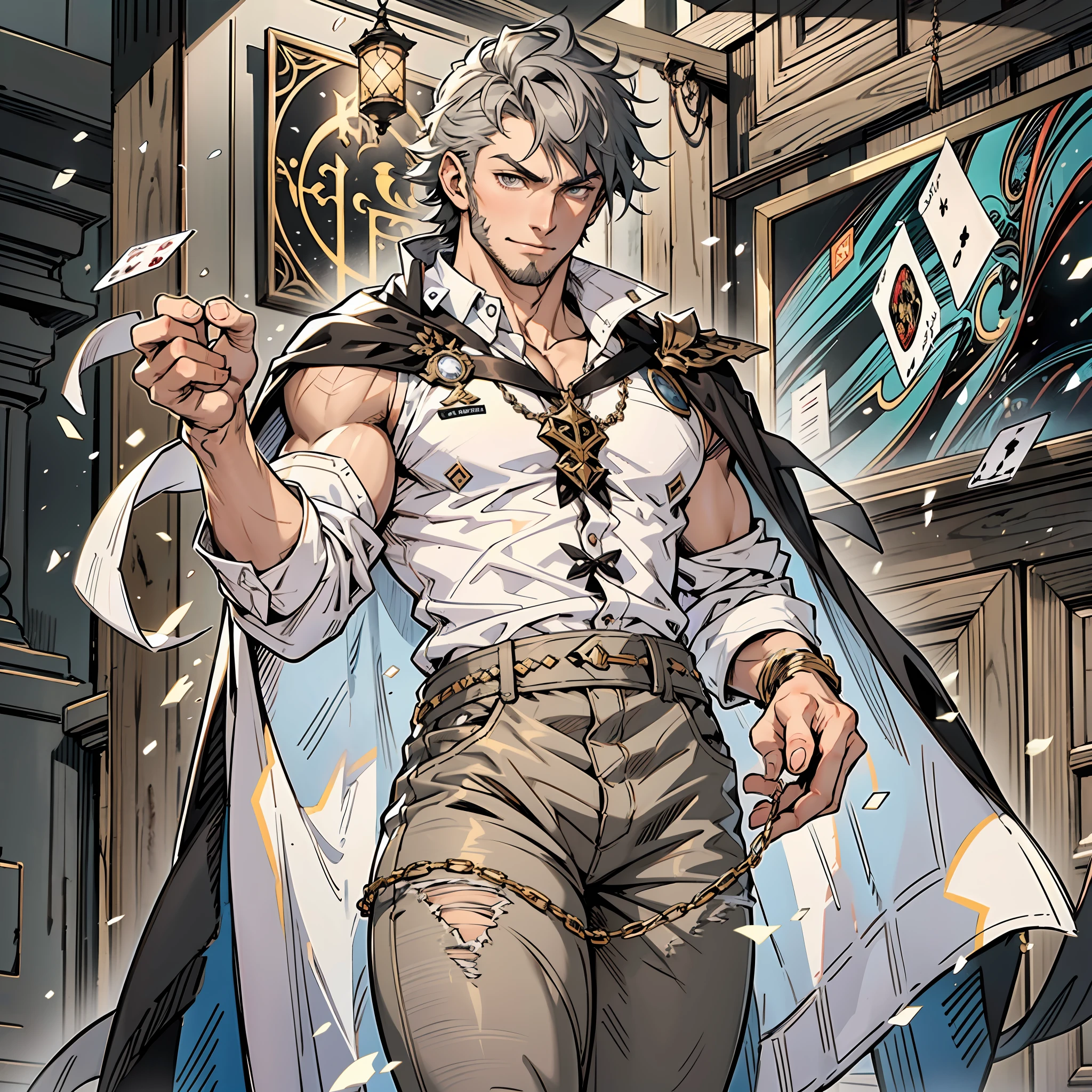 1male, solo male, adult, black scruffy stubble, cool black hair, white hair highlights, grey pupils, brown skin, handsome, semi-fit physique, tall, smirk, cocky expression. Clothing: white sleeveless button shirt, separated sleeves, dark grey coat hanging off his shoulder like a cape, black jeans, dark brown boots. Wizard aesthetic. Asian sorcerer. Battle pose. Arcana cards floating in the background. Hand is holding magic glyph. Hi res. Best quality. Masterpiece. Manhua artwork. Light Novel Character. Correct anatomy. Correct hand anatomy. Five fingers each hand. Best quality. Ultra high res drawing. Masterpiece.