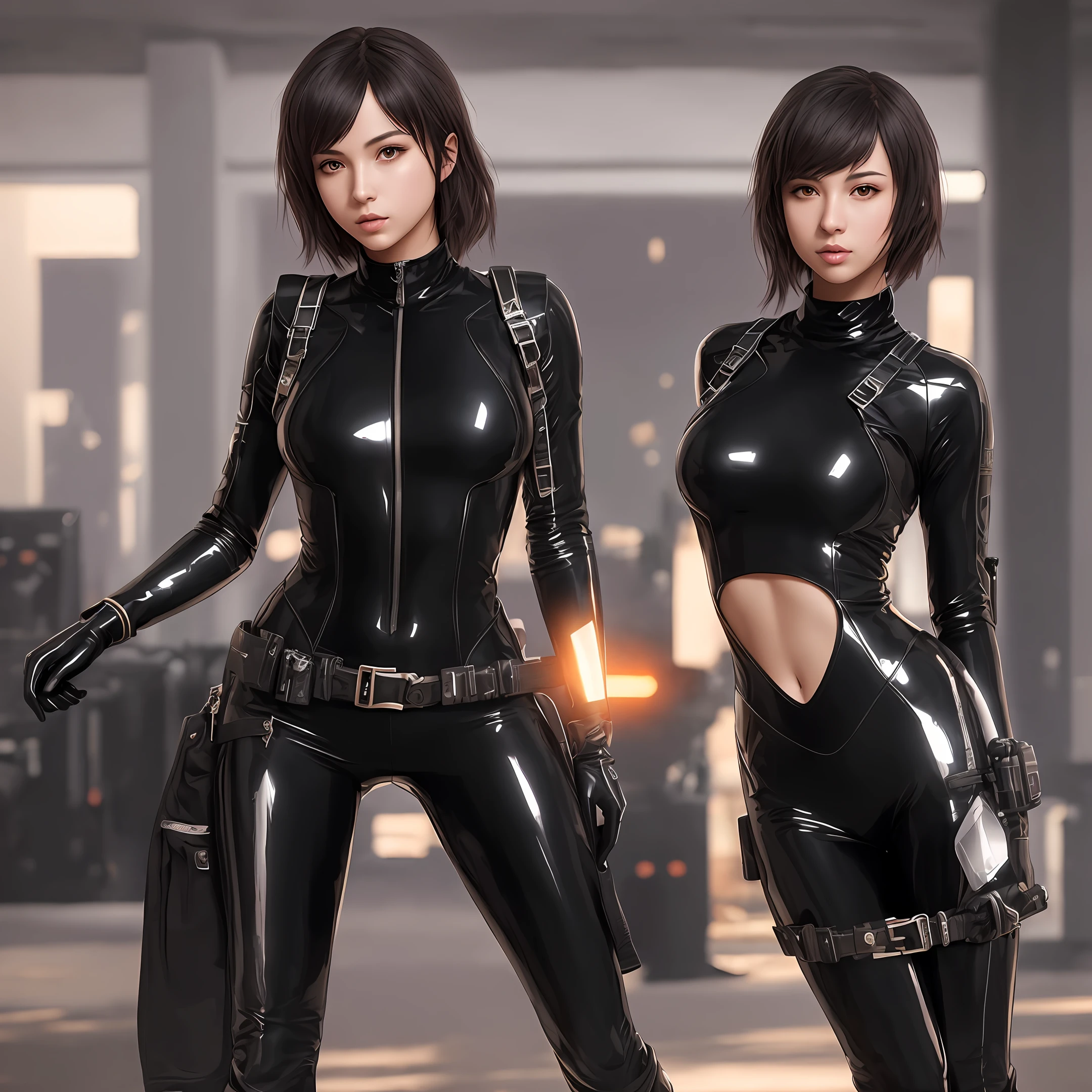 Solo exhibition， ultra fine photos， Portrait of beautiful girl in Unreal Engine 5 8K UHD in skinny black latex costume，Smooth black suit，black iconic character，Smooth black skin，Black body，PVC，some black，Futuristic glossy latex set，Rubber suit，Rubber belt，collars，rubber glove，Rubber high boots，Arm and leg cuffs，band，best qualityer，tmasterpiece， offcial art，Unity8k wallpapers，ultra - detailed，sharp fokus，dynamicposes，body parts，There are no extra limbs，Precise anatomy，Extremely realistic